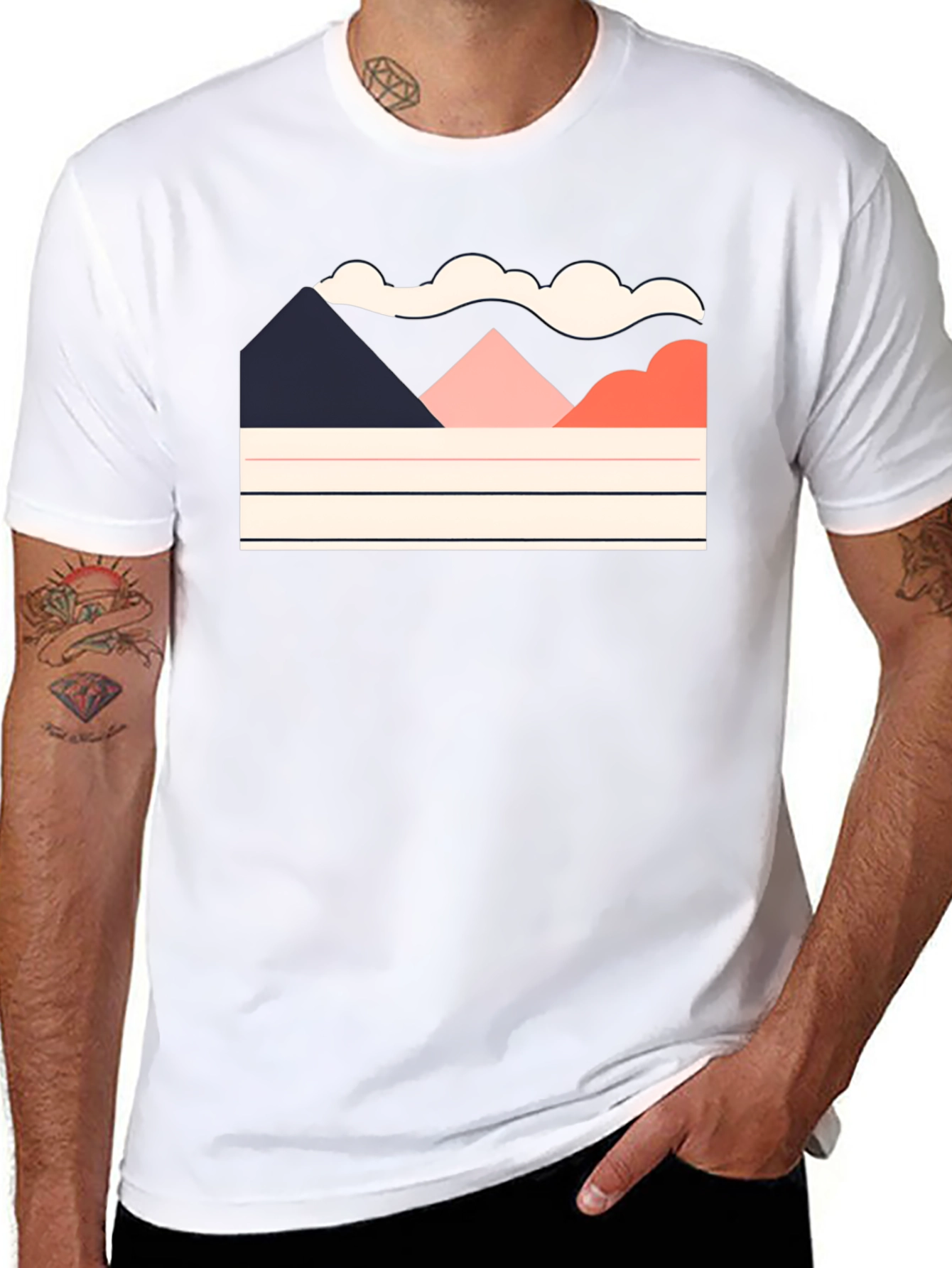 Black Geometric Mountain Scene Black Tee view 8
