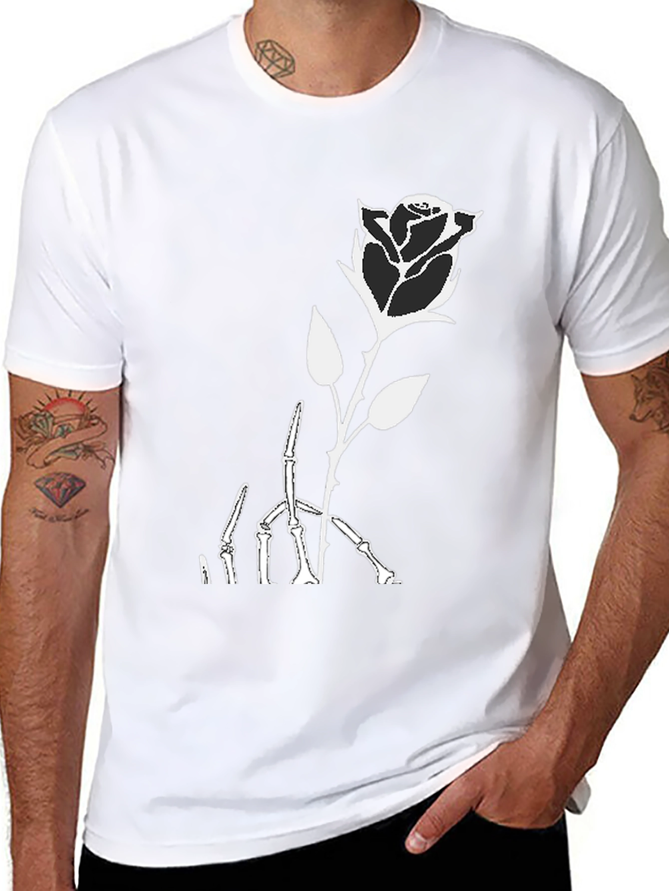 Black Rose Skeleton Graphic Print Black T-Shirt view 8