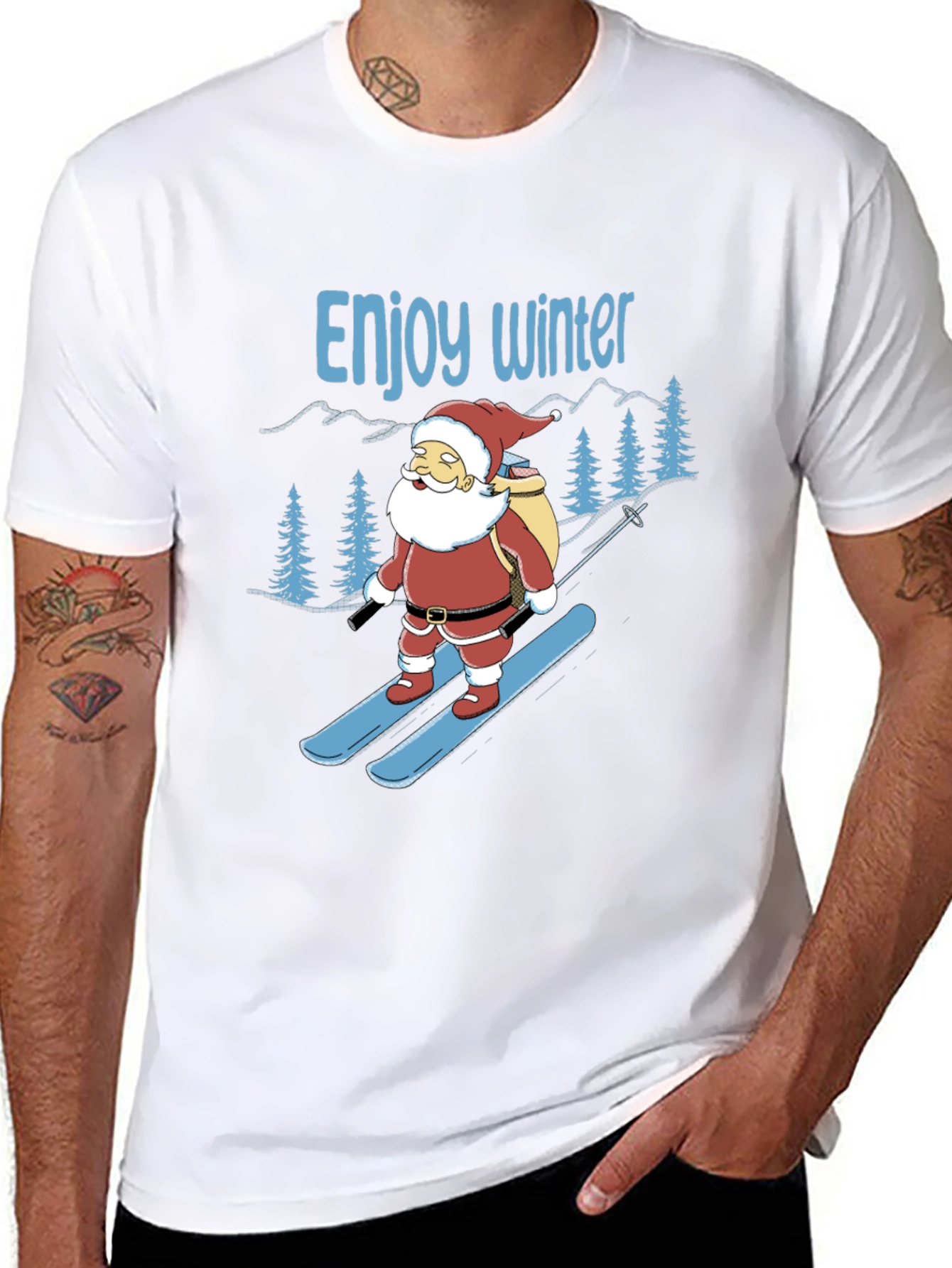 Black Enjoy Winter Santa Skiing Graphic Tee view 8