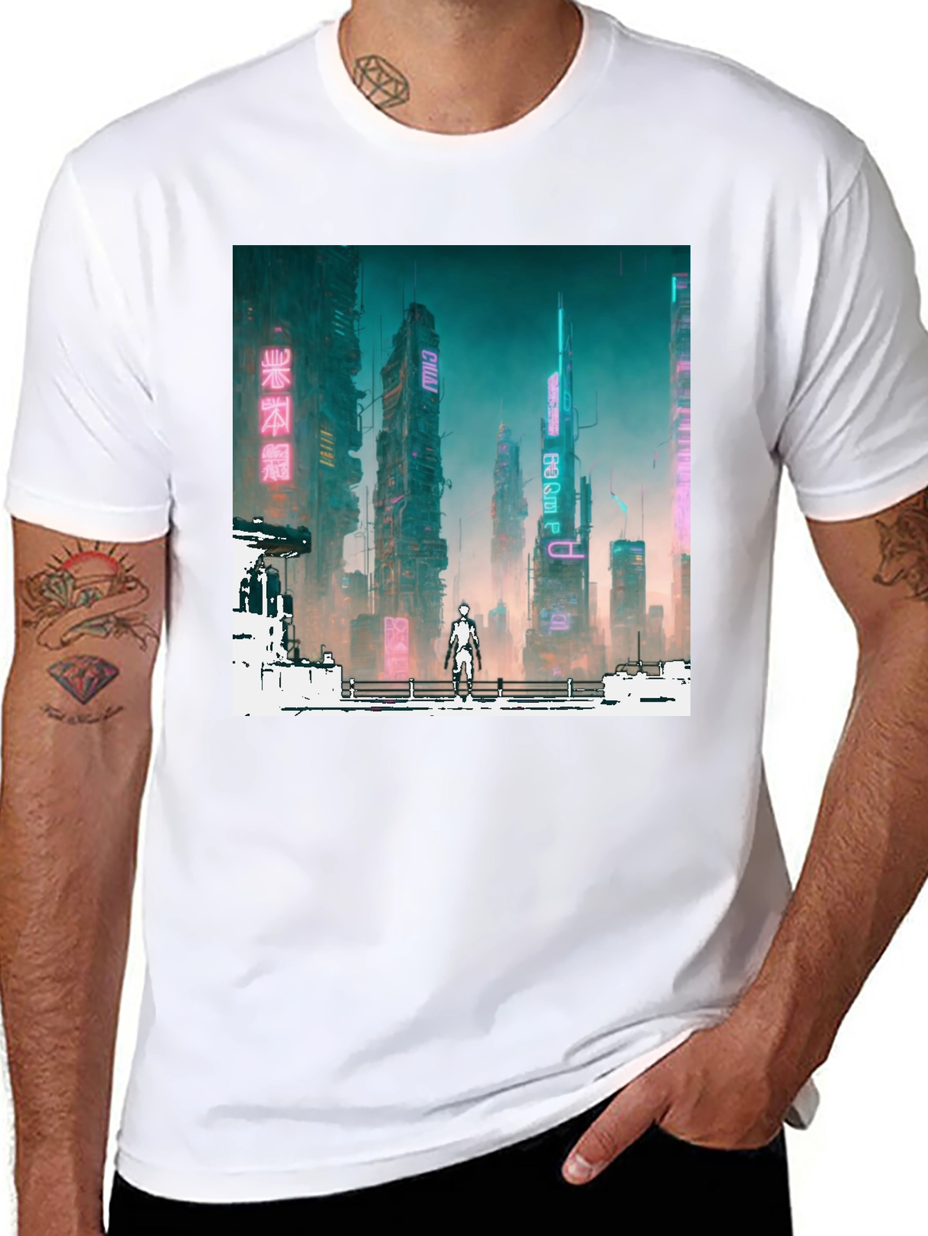 Black Cyberpunk Cityscape Graphic Tee - Futuristic Fashion view 8
