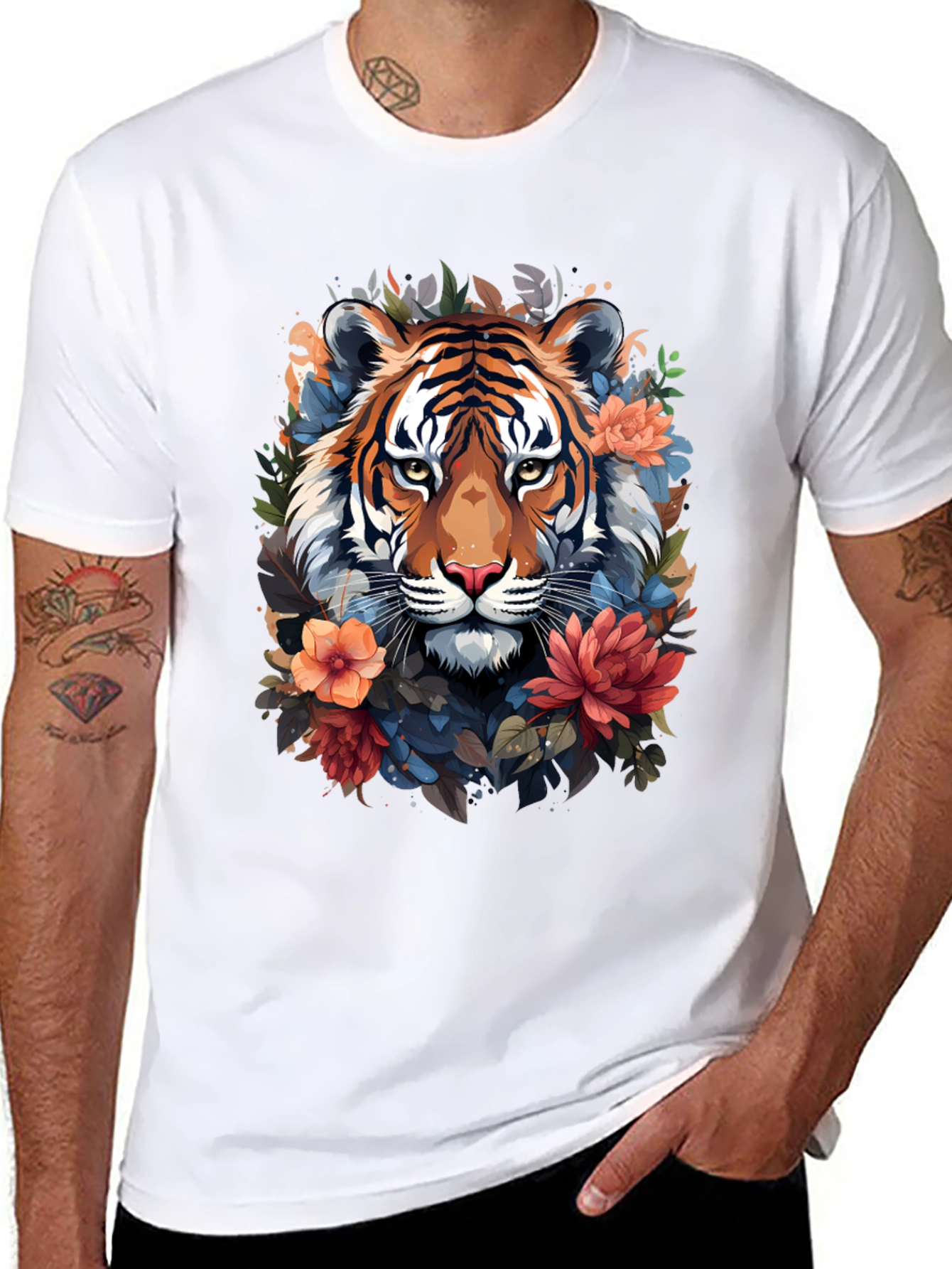 Black Floral Tiger Graphic Tee - Stylish Men's Black T-Shirt view 8
