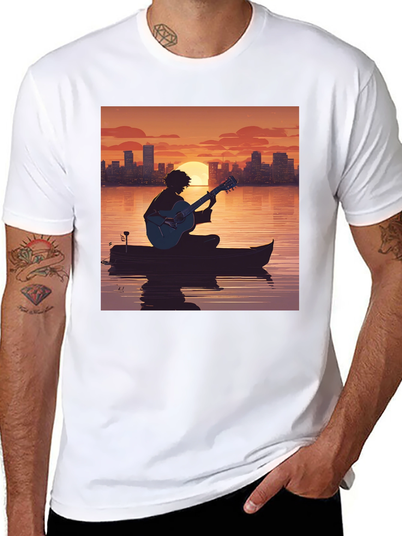 Black Sunset Guitarist T-Shirt - City Skyline Silhouette view 8