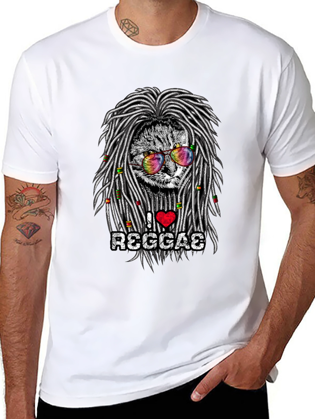 Black I Love Reggae Cat Graphic T-Shirt view 8