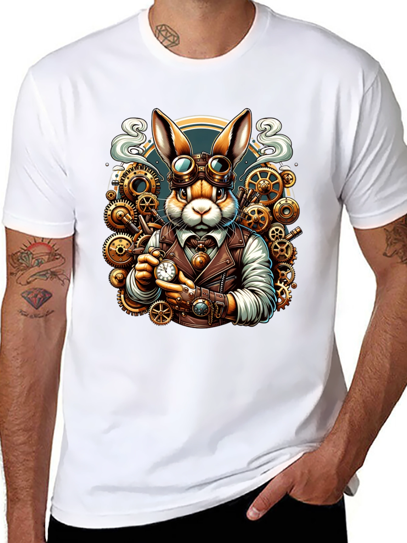 Black Steampunk Rabbit T-Shirt - Unique Design view 8