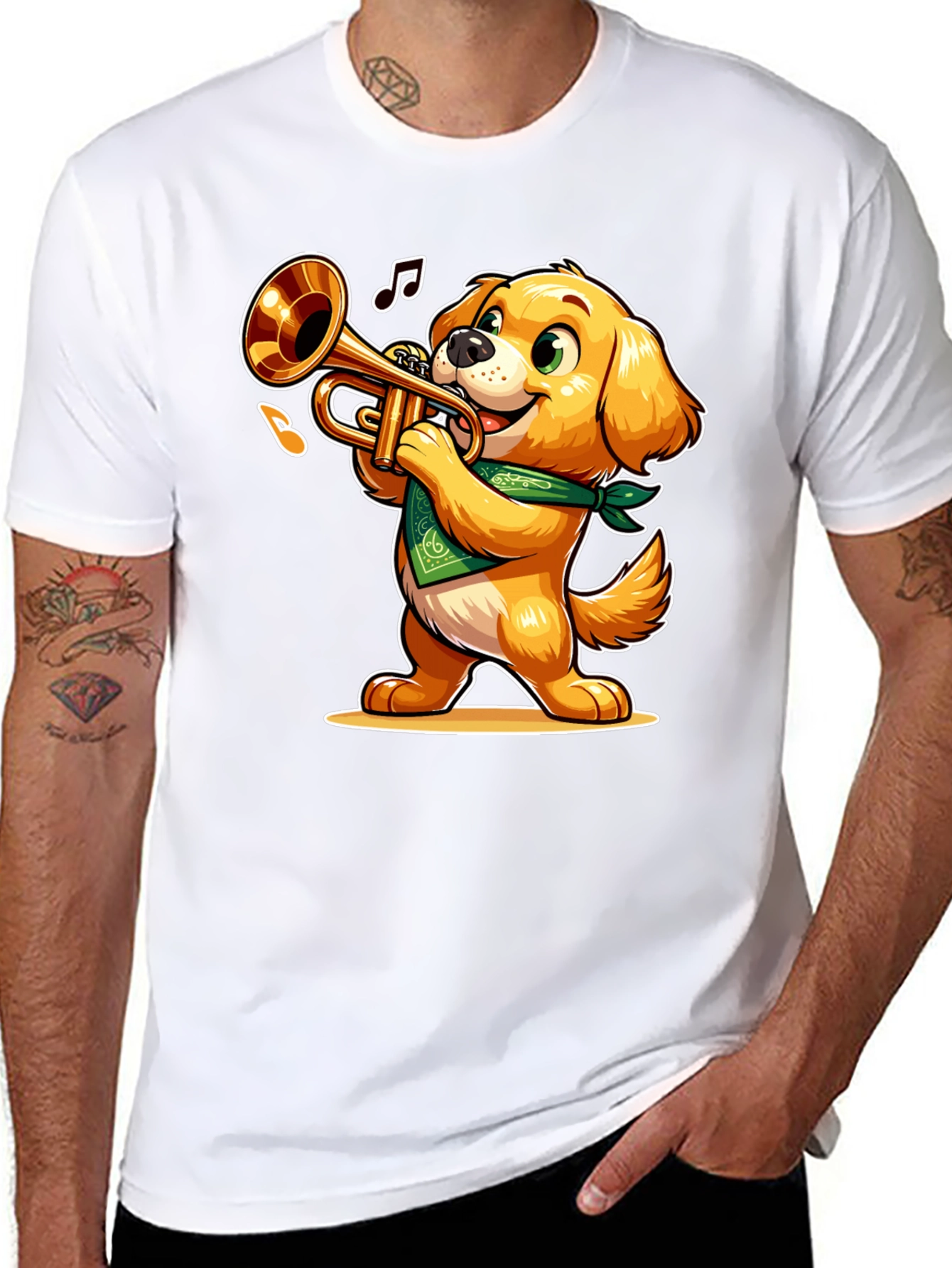 Black Dog Playing Trumpet T-Shirt - Fun Cartoon Design view 8