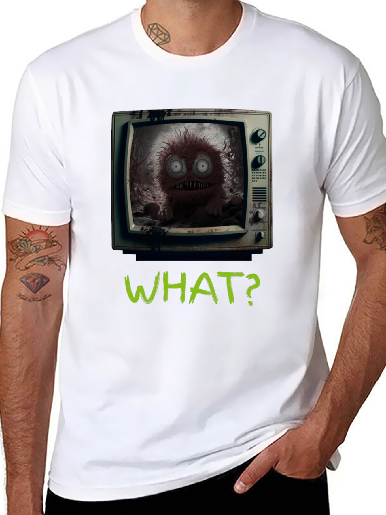 Black What? Monster TV Graphic Tee - Creepy Novelty T-Shirt view 8