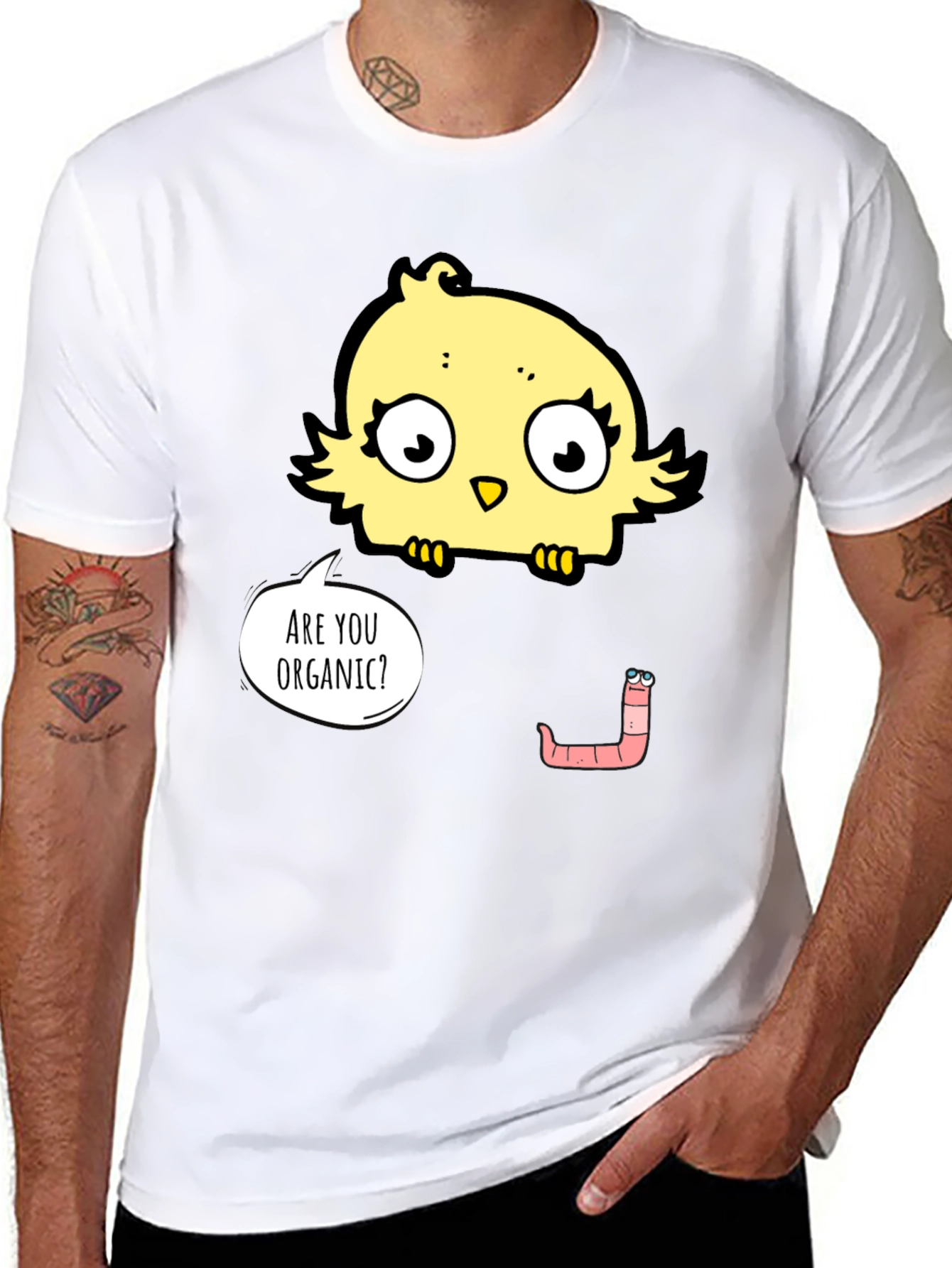 Black Organic Humor T-Shirt: Funny Chick & Worm Tee view 8