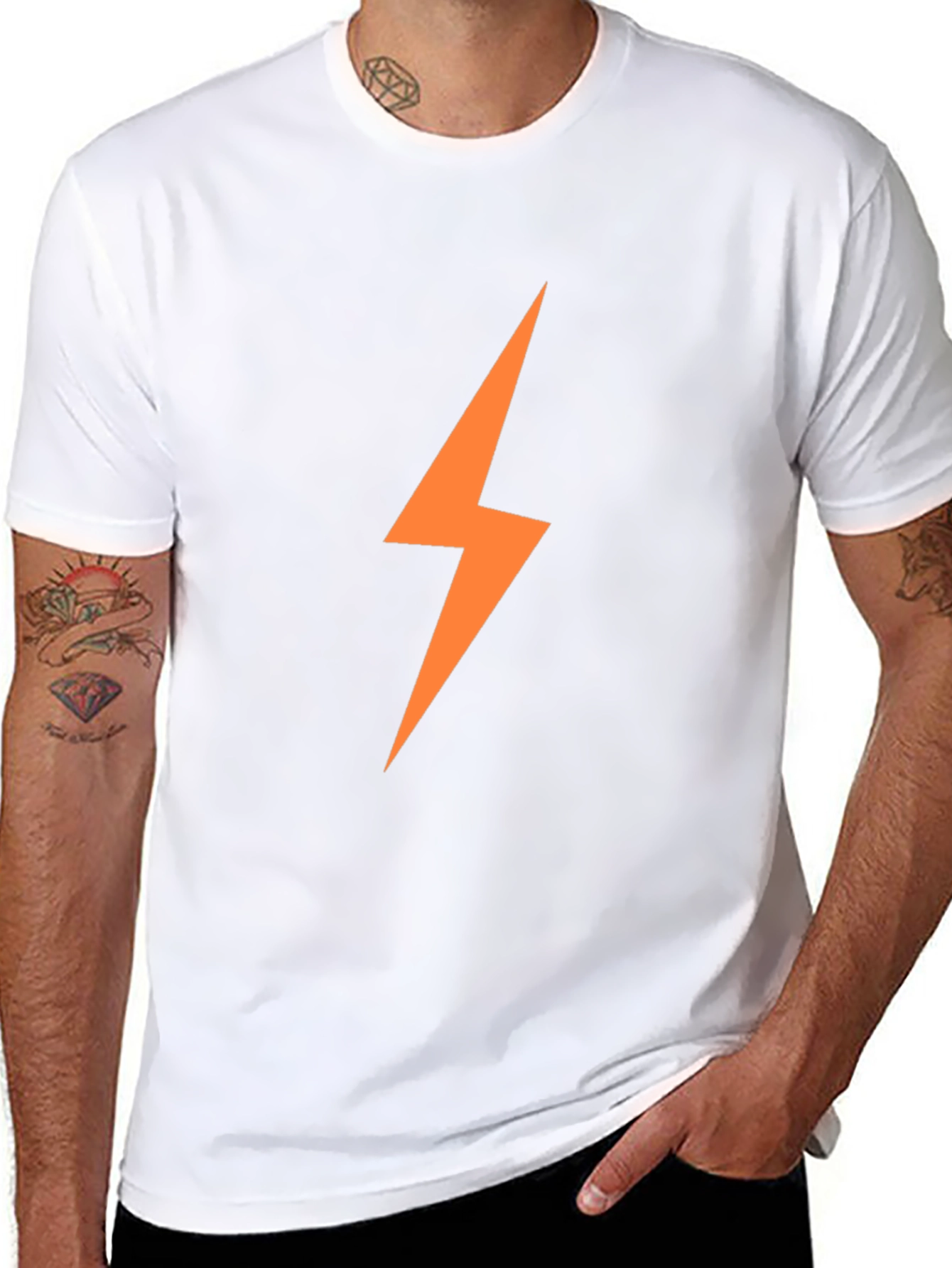 Black Men's Black T-Shirt with Orange Lightning Bolt view 8