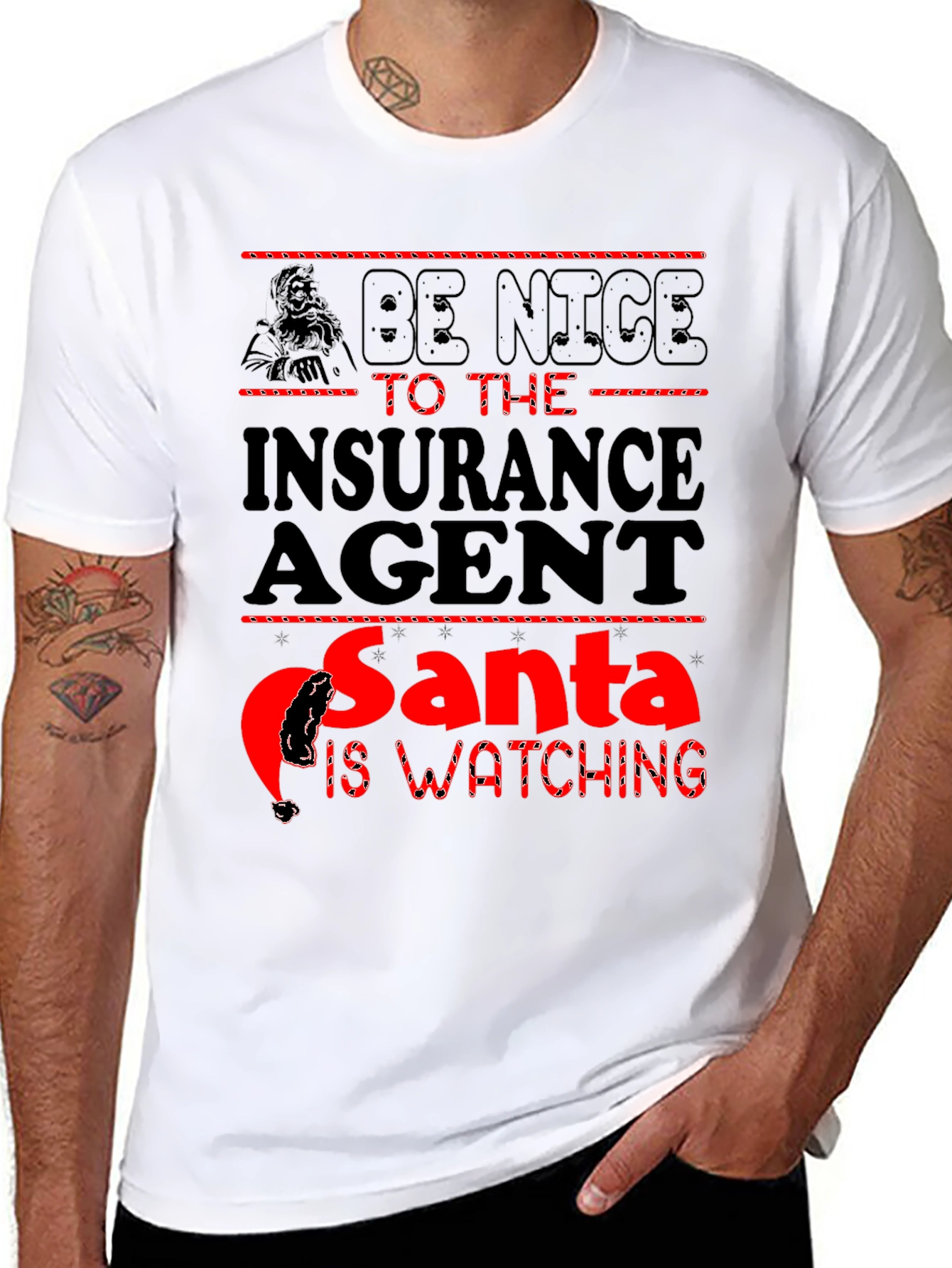 Black Be Nice to the Insurance Agent Santa Watching Black T-Shirt view 8