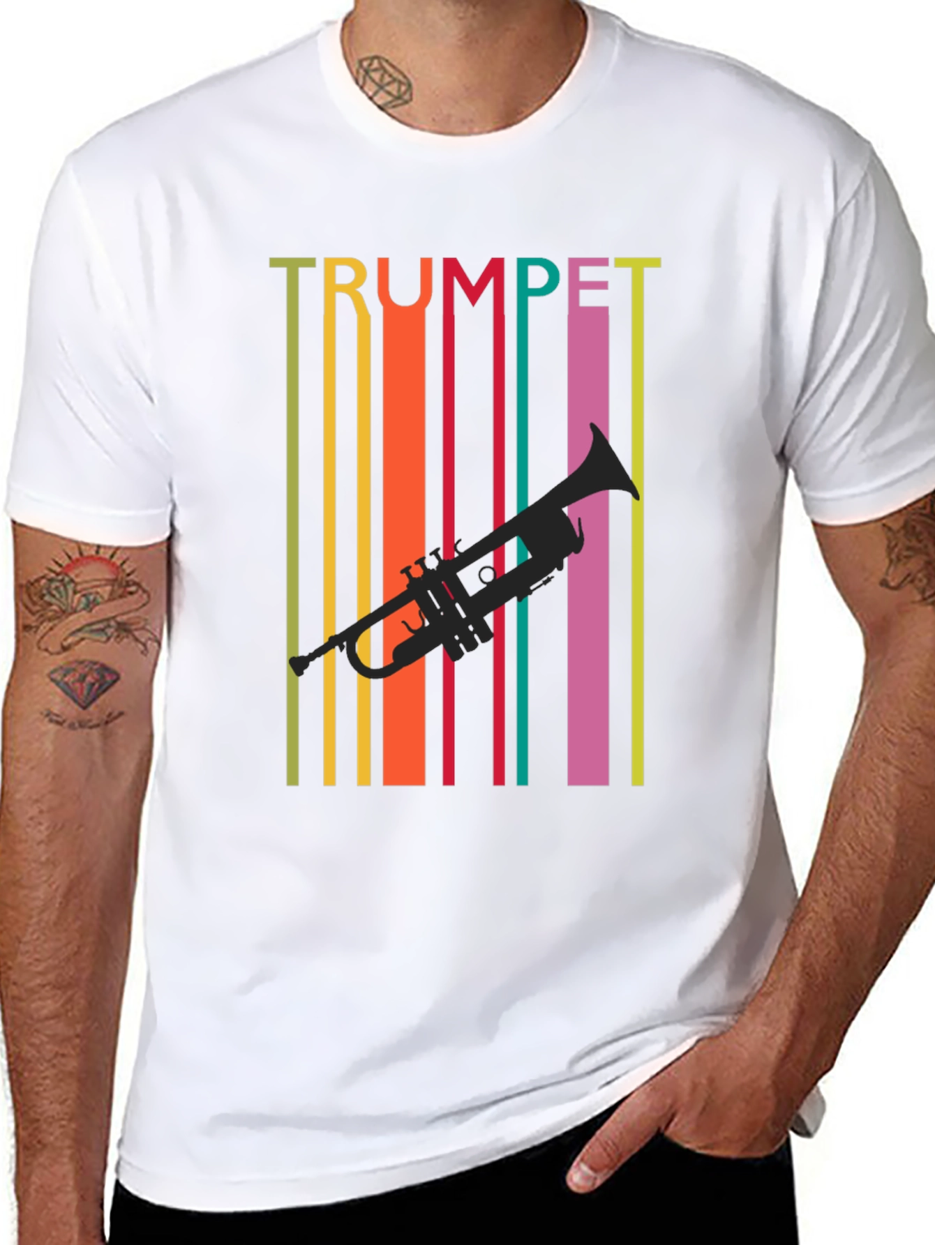Black Retro Trumpet Graphic Tee - Colorful Music Lover T-Shirt view 8