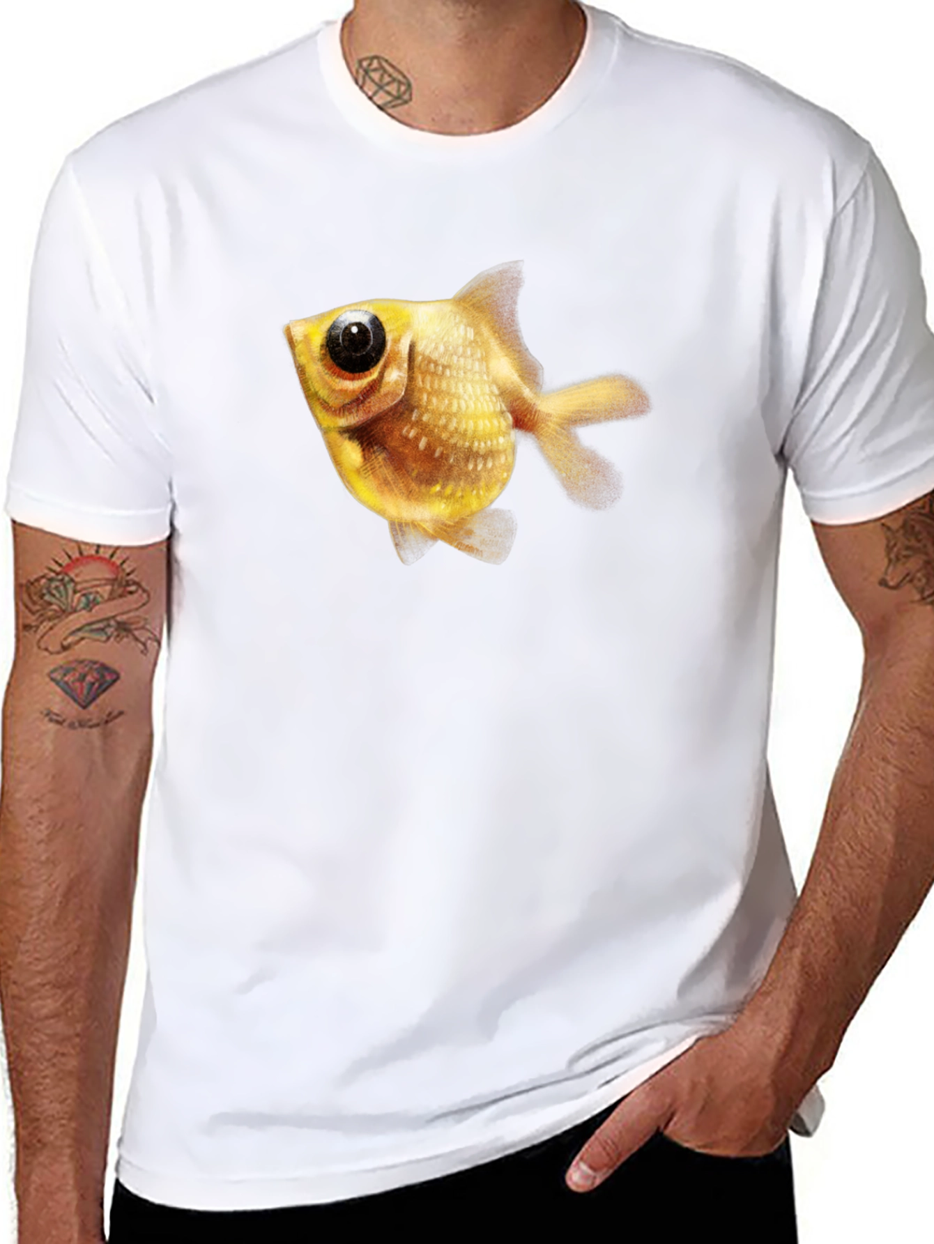 Black Men's Black T-Shirt with Goldfish Graphic view 8