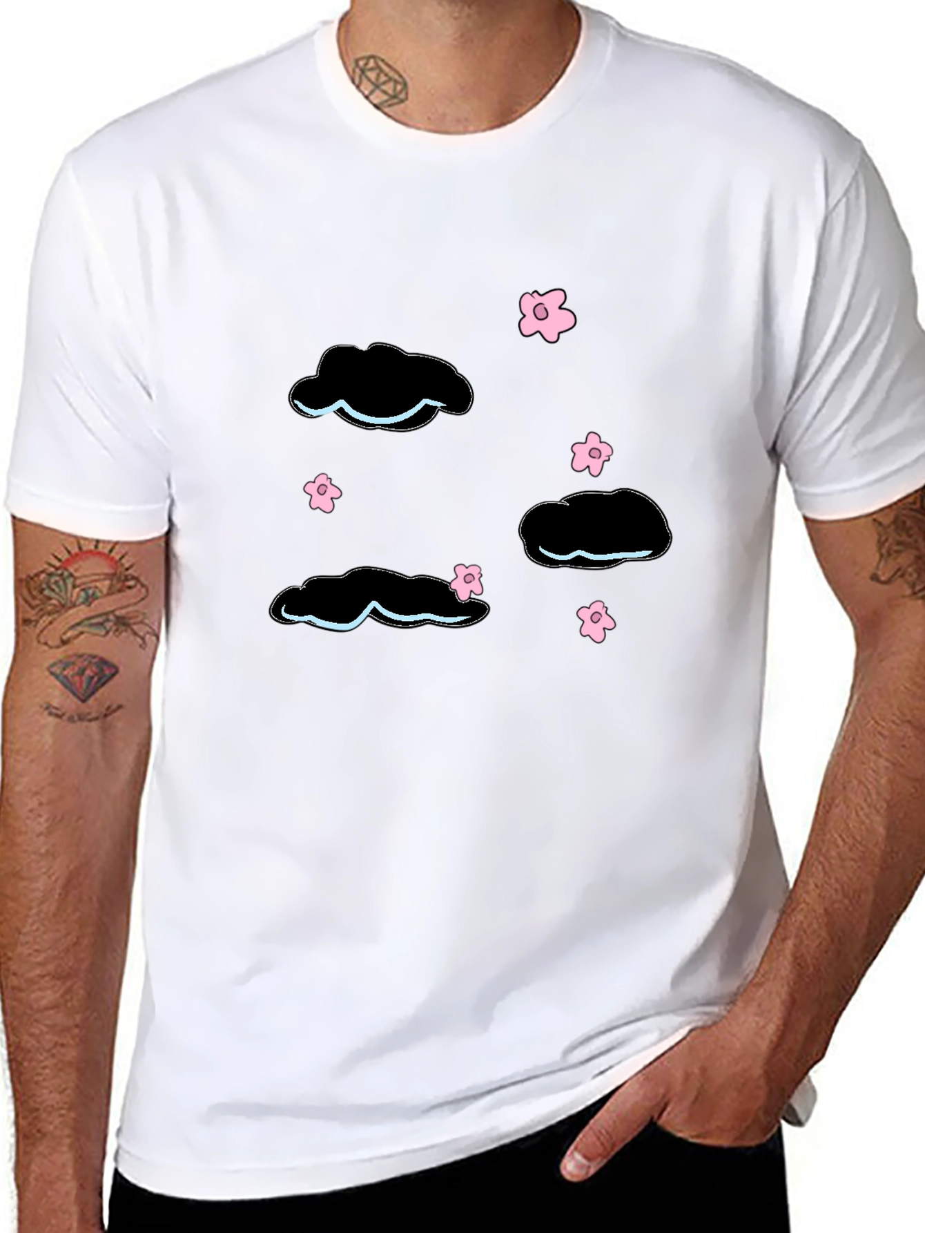 Black Whimsical Cloud & Blossom Graphic Black T-Shirt view 8