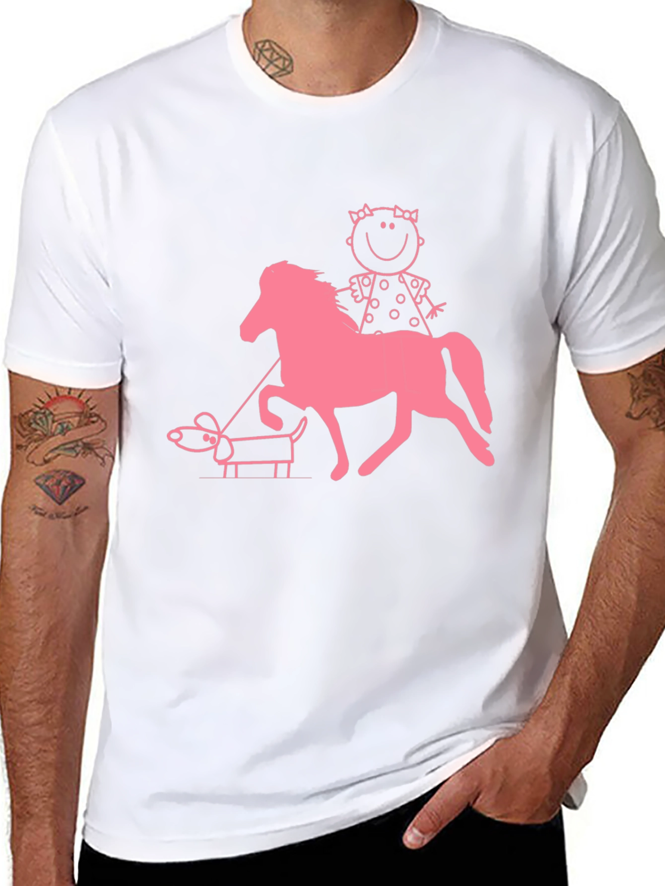 Black Playful Graphic Tee - Girl, Horse, and Dog Design view 8
