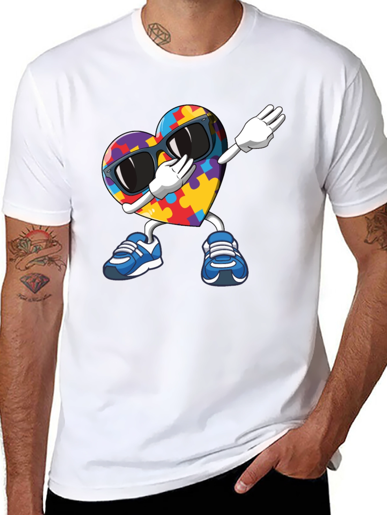 Black Autism Awareness Puzzle Heart Dabbing T-Shirt view 8