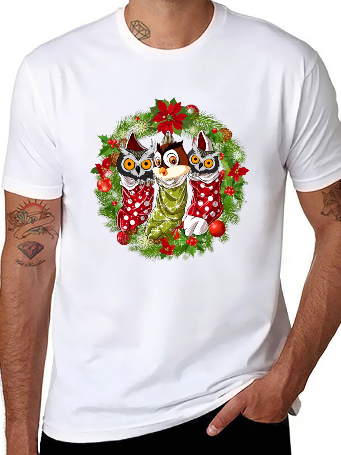 Black Christmas Owl T-Shirt Festive Holiday Design view 8