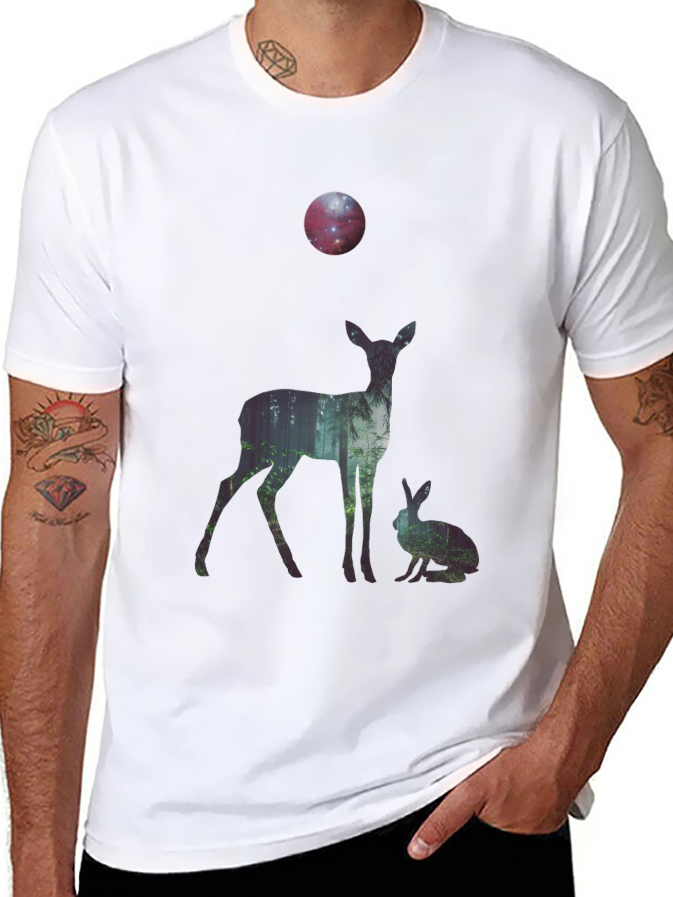 Black Nature Deer and Rabbit Graphic Print T-Shirt view 8