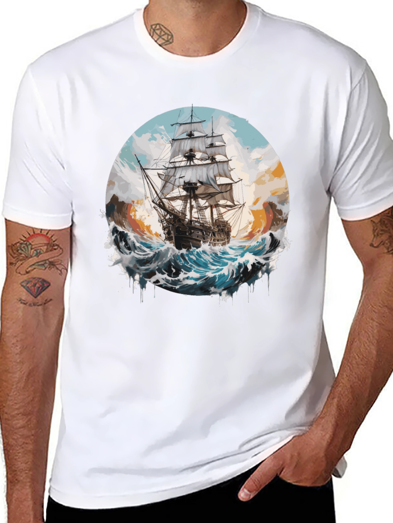 Black Sailing Ship Graphic Tee - Black Cotton Crew Neck view 8