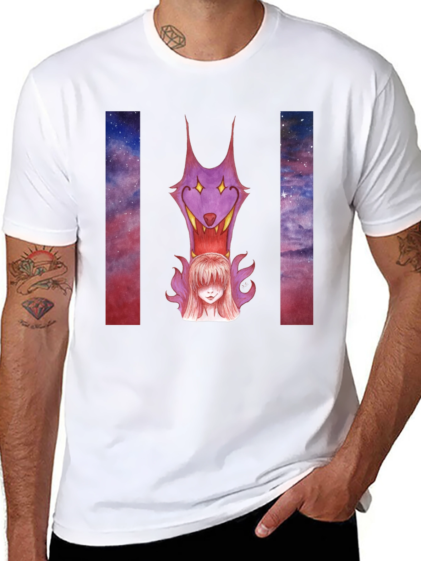 Black Wolf & Girl Graphic Print Black T-Shirt view 8