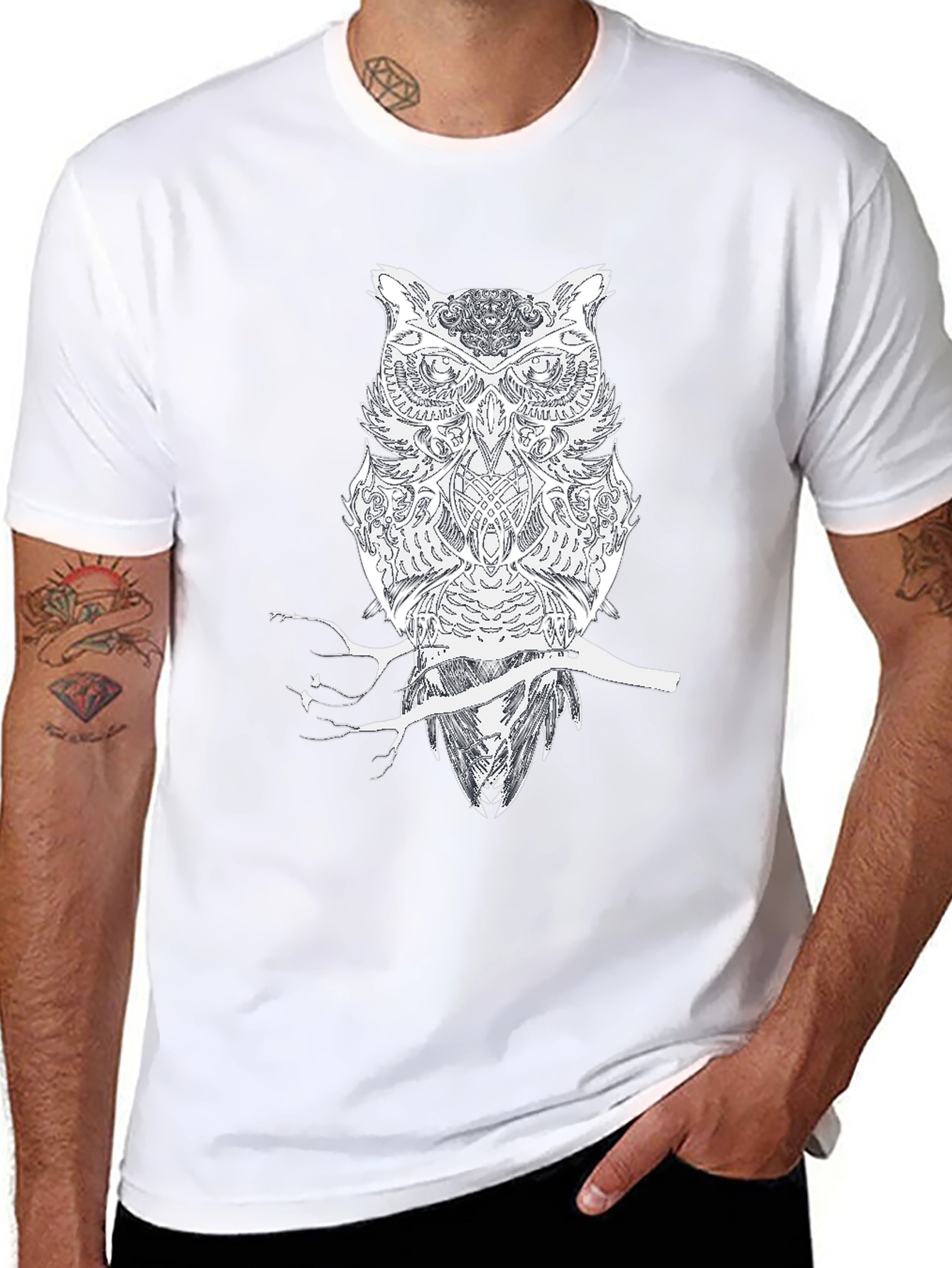 Black Owl on Branch Black Tee - Unique Graphic Design view 8