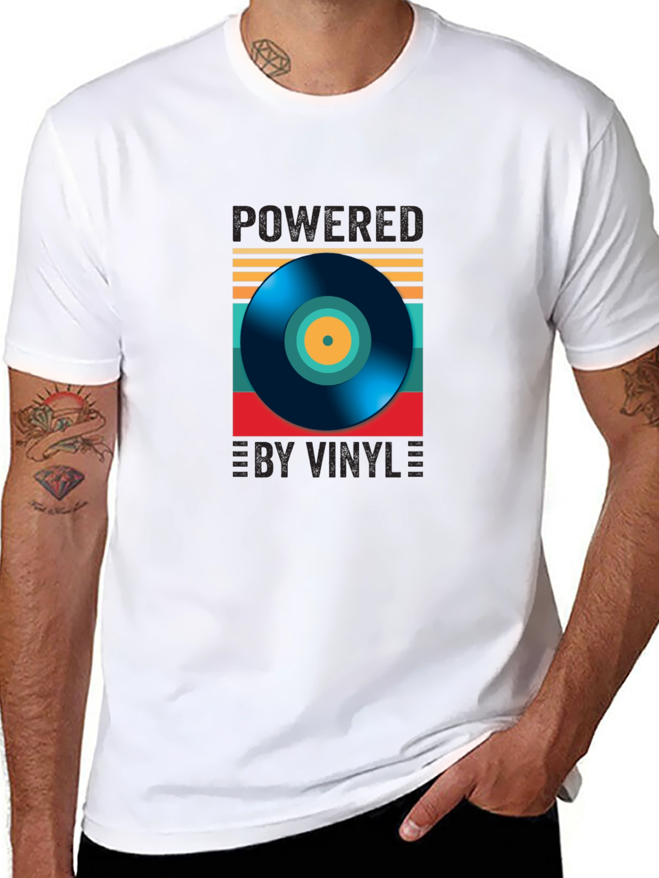 Black Powered by Vinyl Graphic Tee - Retro Music Lover Shirt view 8