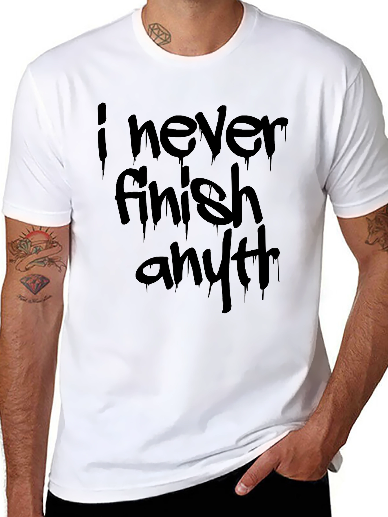 Black Humorous "I Never Finish Anything" Black T-Shirt view 8