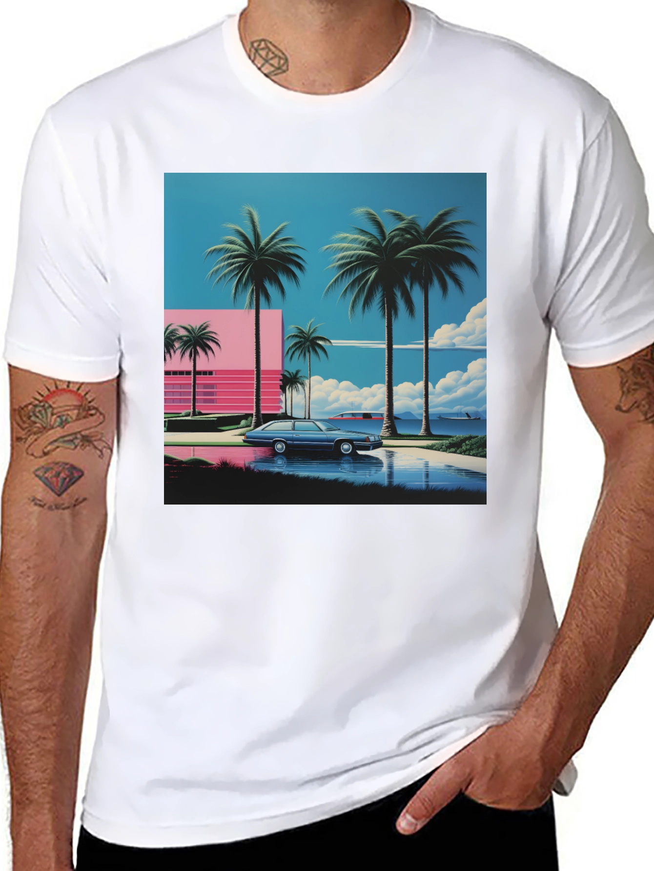 Black Miami Vice Style T-Shirt, Retro Car & Palms view 8
