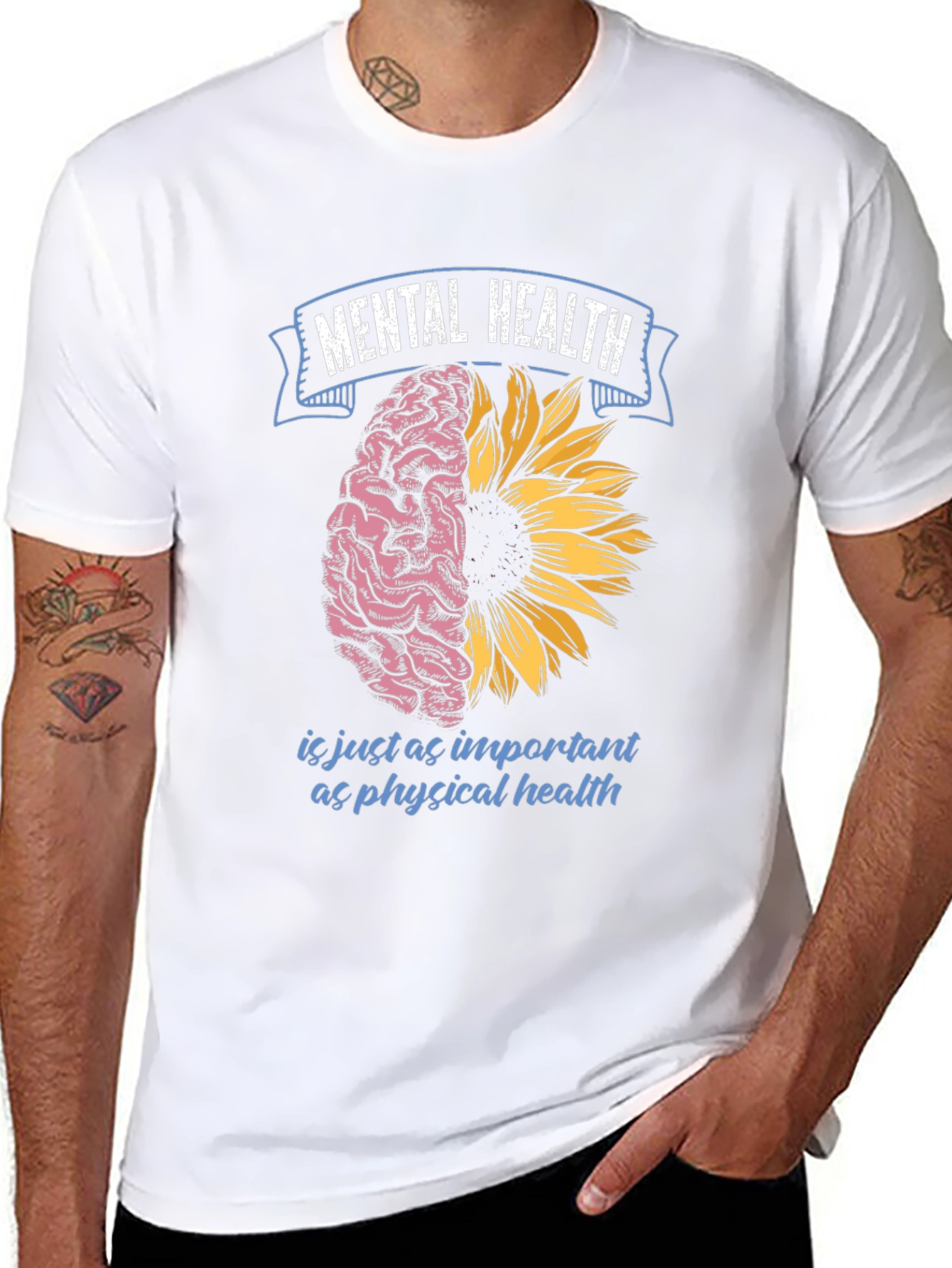Black Mental Health T-Shirt: Brain & Sunflower Design view 8