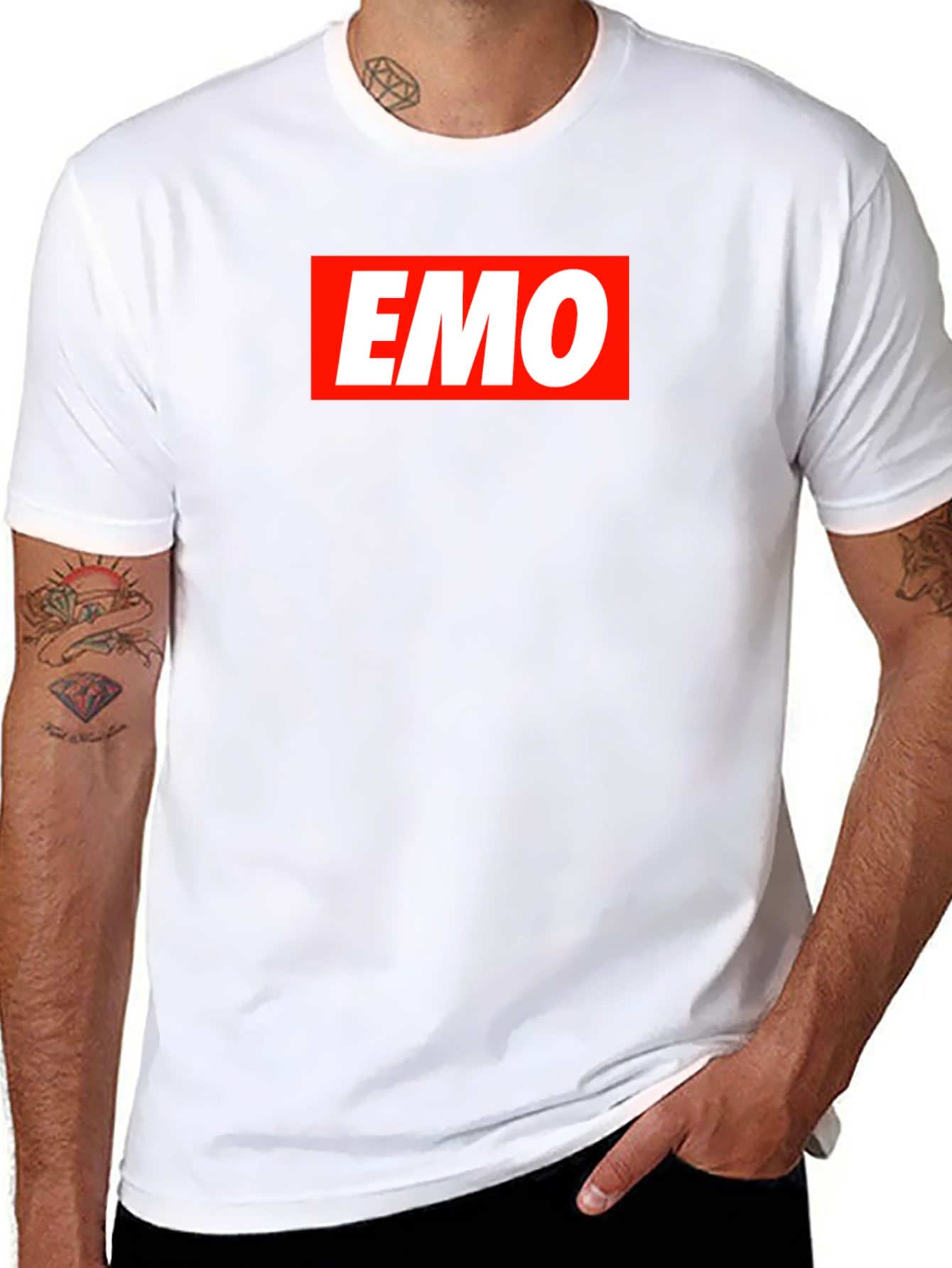 Black Emo T-Shirt - Classic Red and White Logo Design view 8
