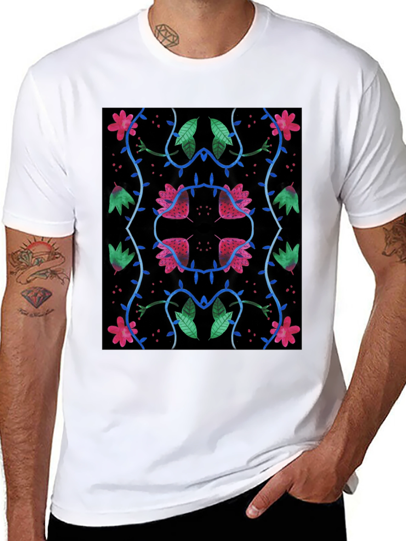 Black Floral Pattern Black T-Shirt view 8