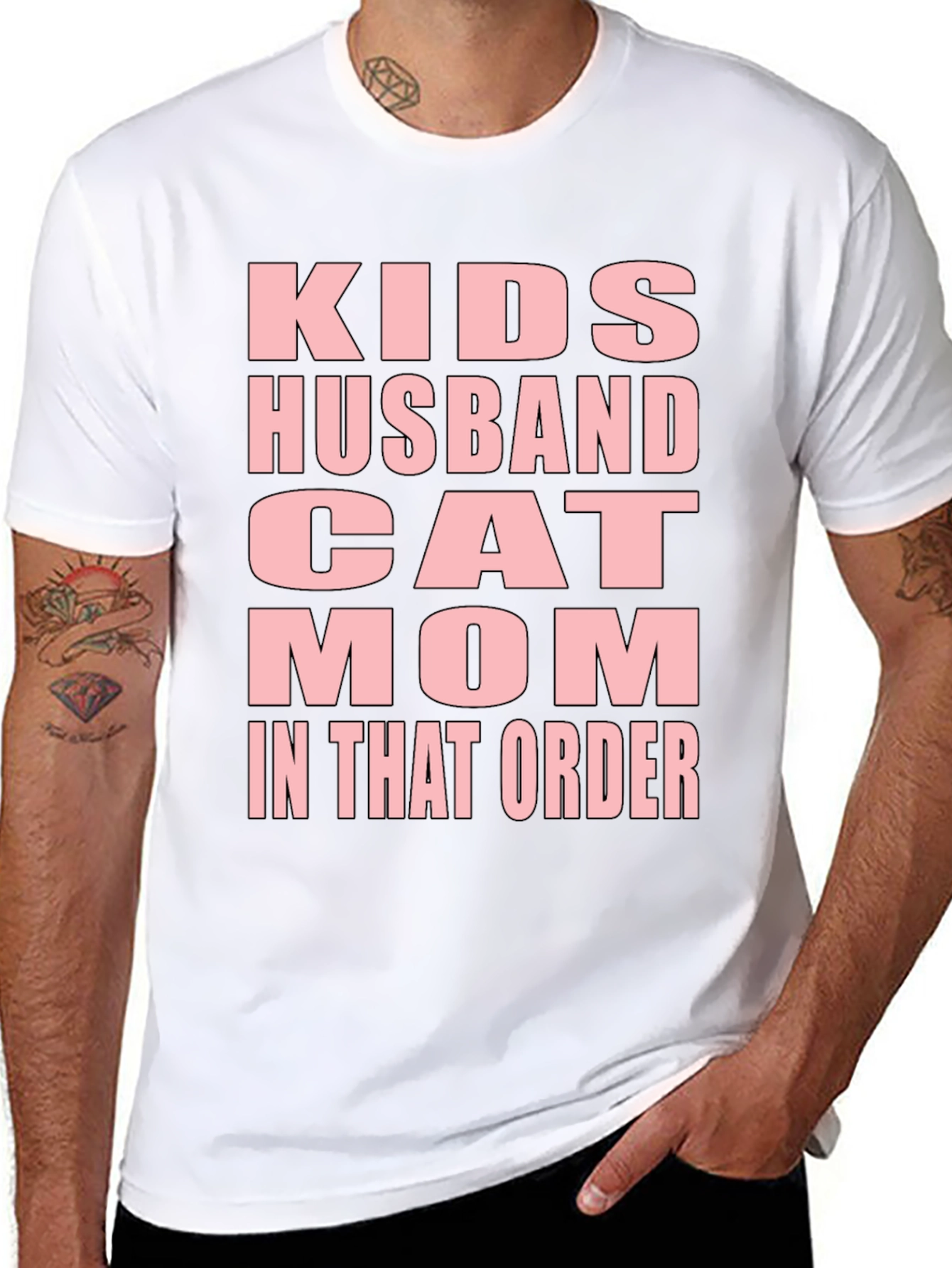Black Funny "Kids Husband Cat Mom" Black T-Shirt view 8