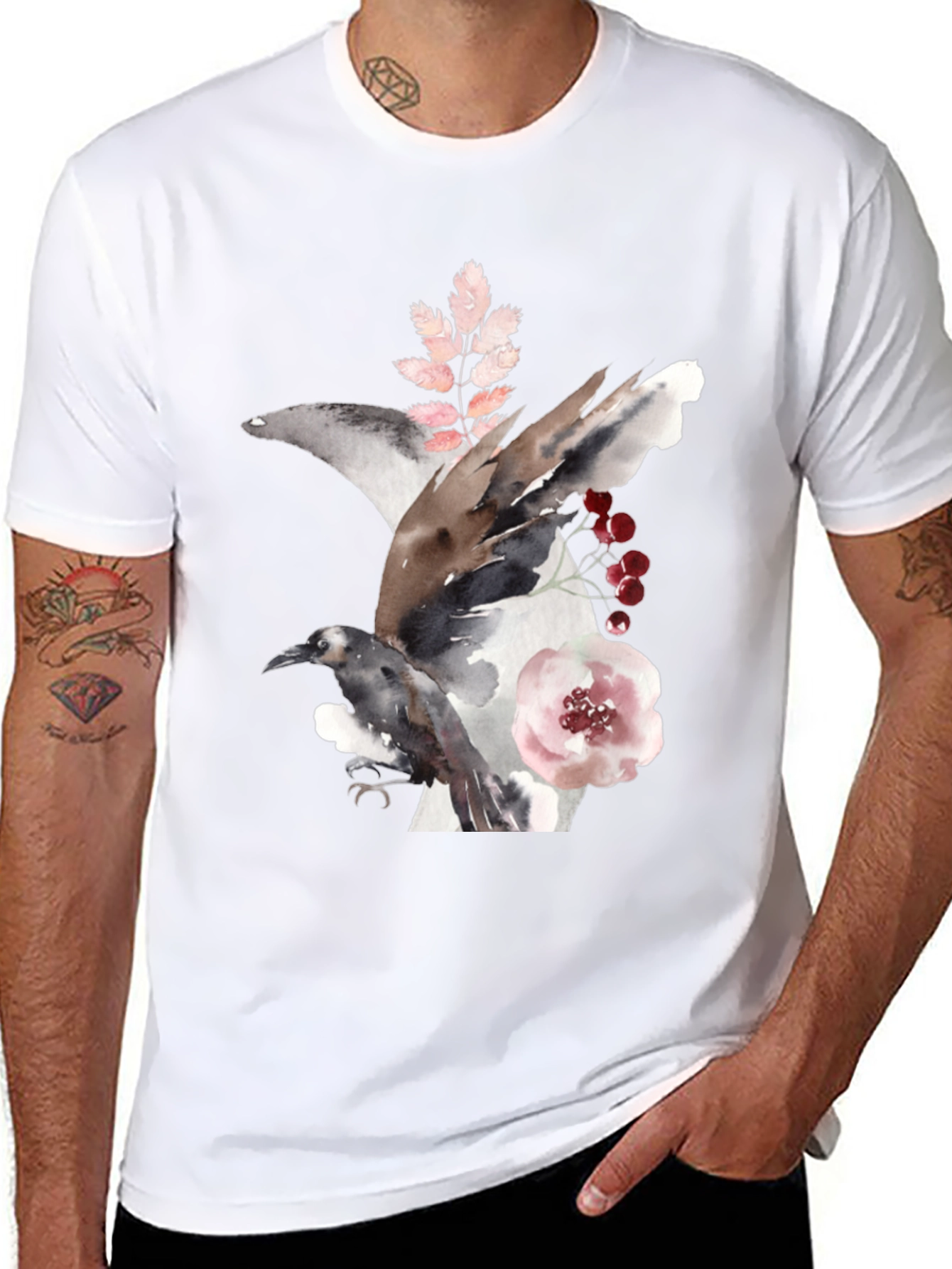 Black Raven & Floral Watercolor Tee view 8