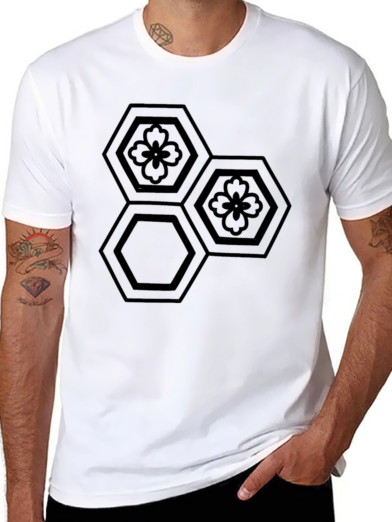 Black Geometric Flower Hexagon T-Shirt view 8