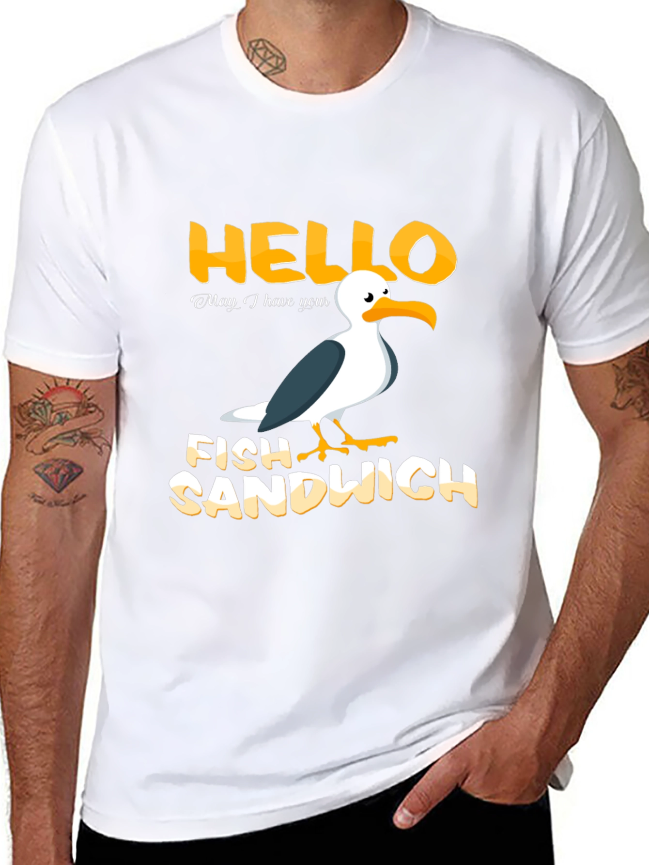 Black Hello Fish Sandwich T-Shirt Funny Seagull Humor Tee view 8