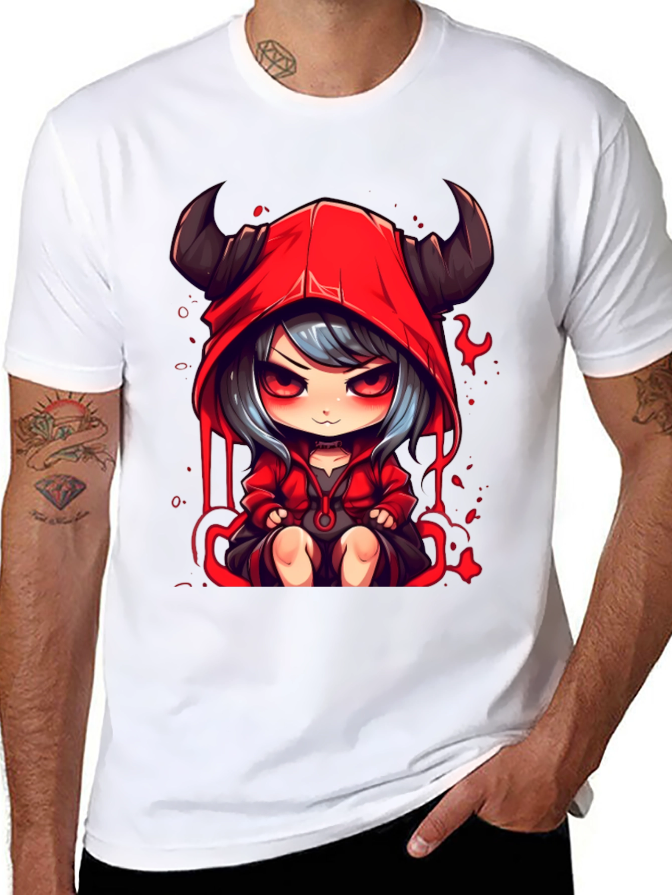 Black Anime Devil Girl Graphic Tee - Black Cotton T-Shirt view 8