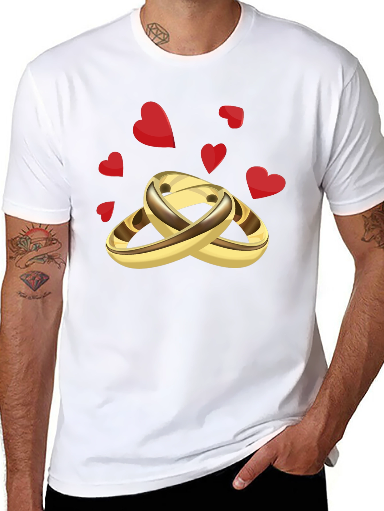 Black Golden Wedding Rings & Hearts Graphic Tee - Stylish & Unique view 8