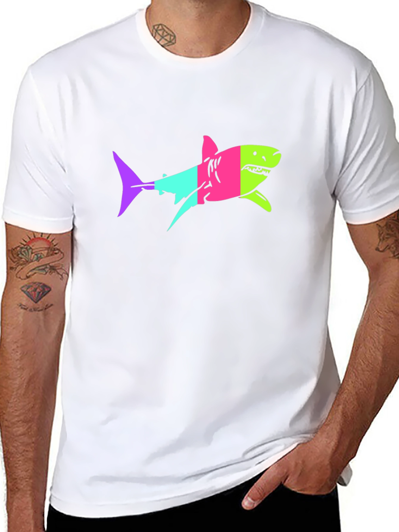 Black Neon Shark Graphic Print Black T-Shirt view 8