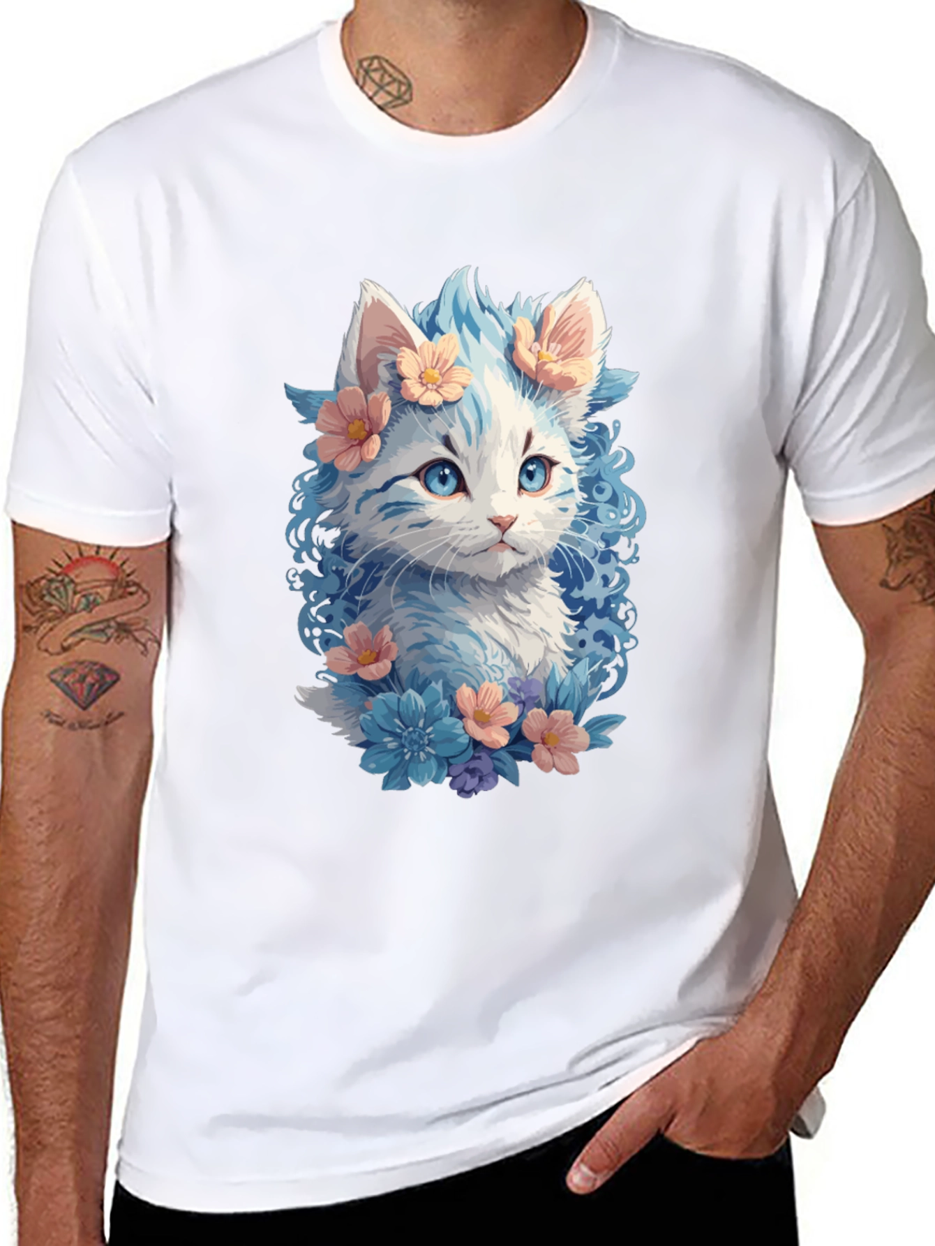 Black Floral Cat Graphic Tee - Unique Kitten Design view 8
