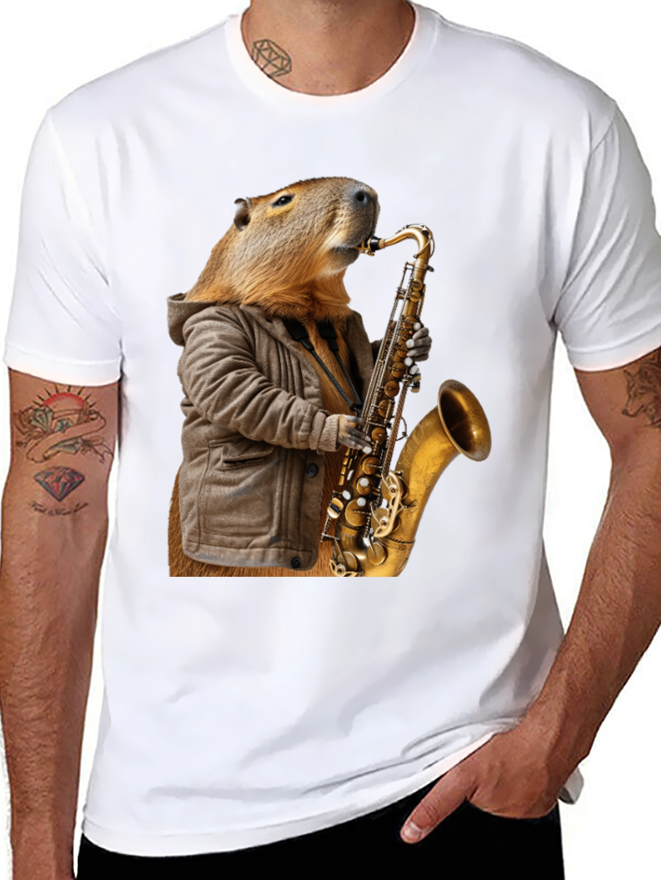 Black Capybara Saxophone T-Shirt view 8