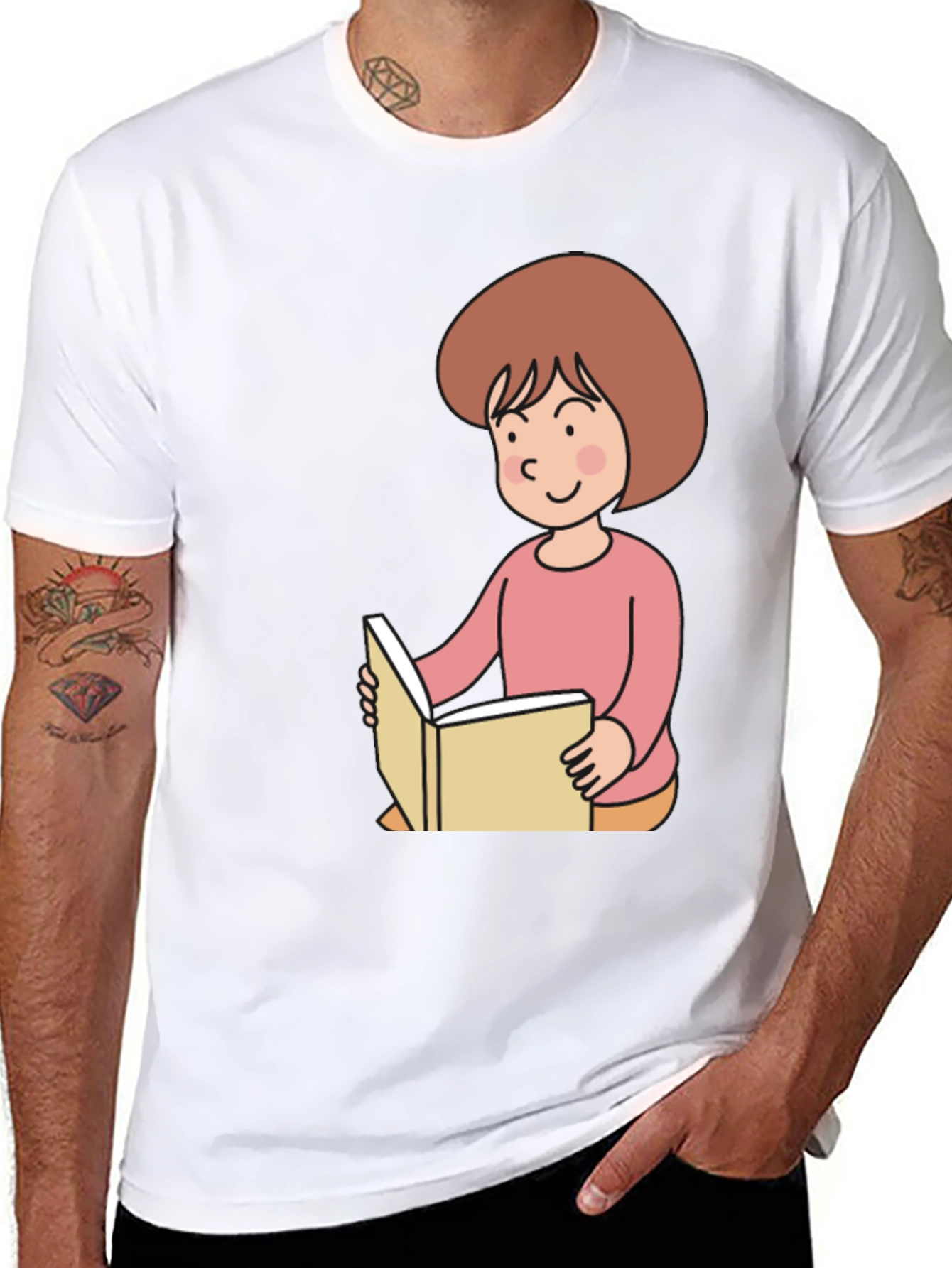 Black Reading Girl Black T-Shirt - Cute Cartoon Design view 8