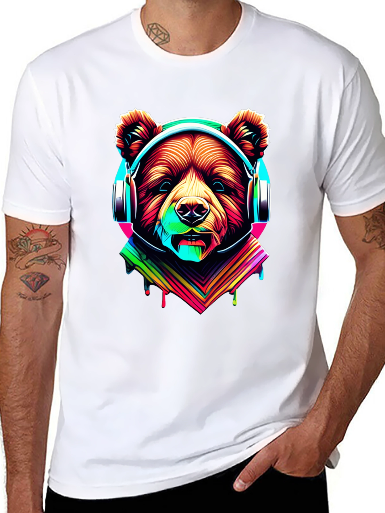 Black Neon Bear Headphones Graphic Tee view 8
