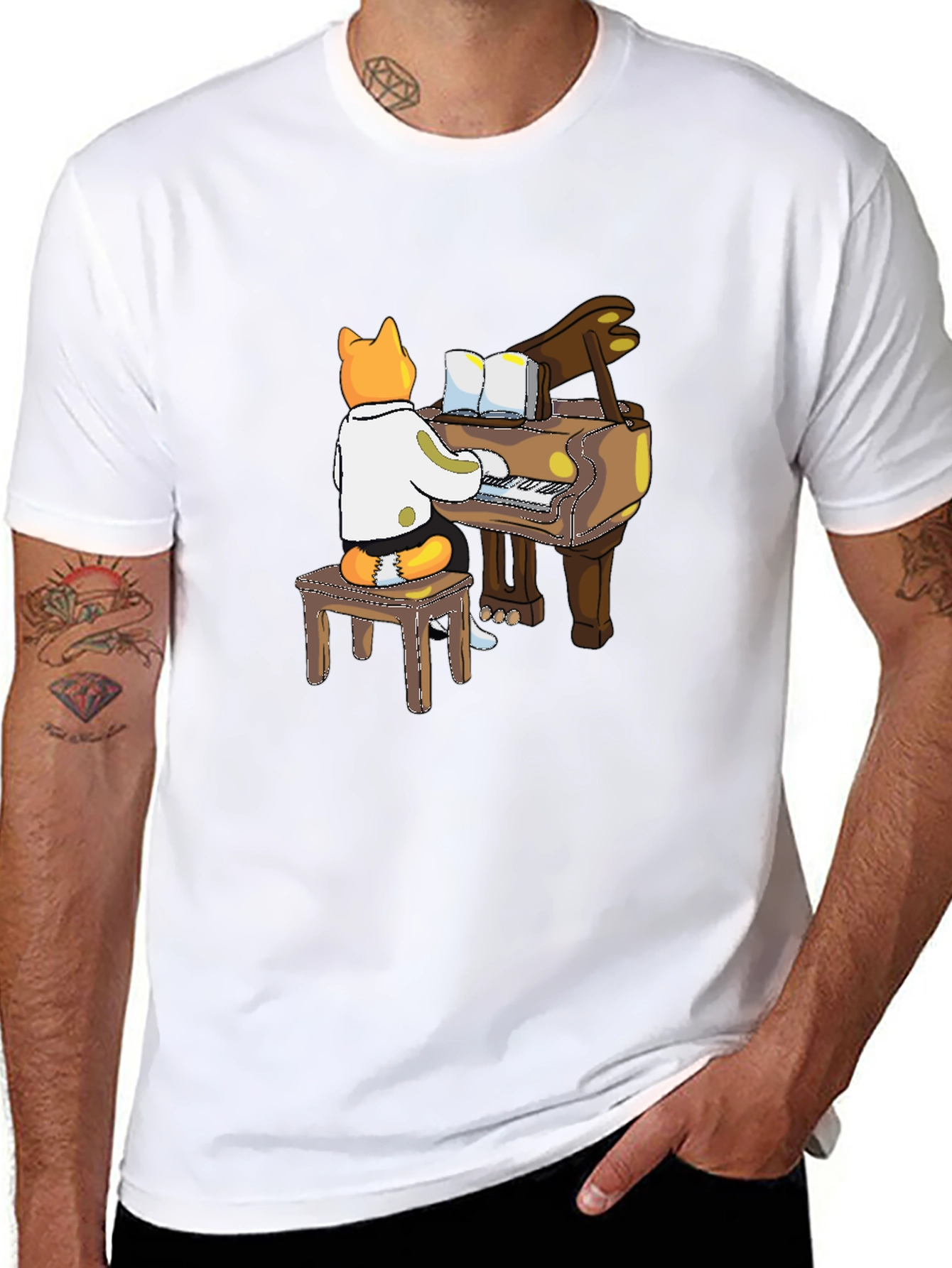 Black Cat Pianist T-Shirt - Black Graphic Tee view 8