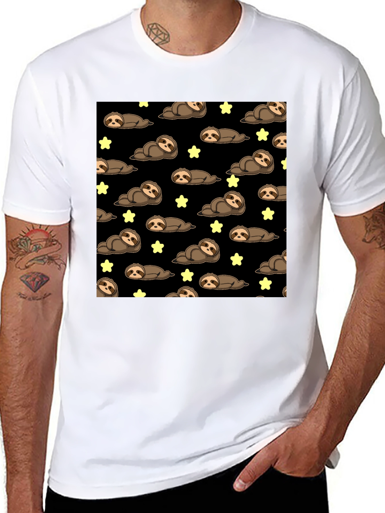 Black Cute Sloth Starry Night T-Shirt view 8