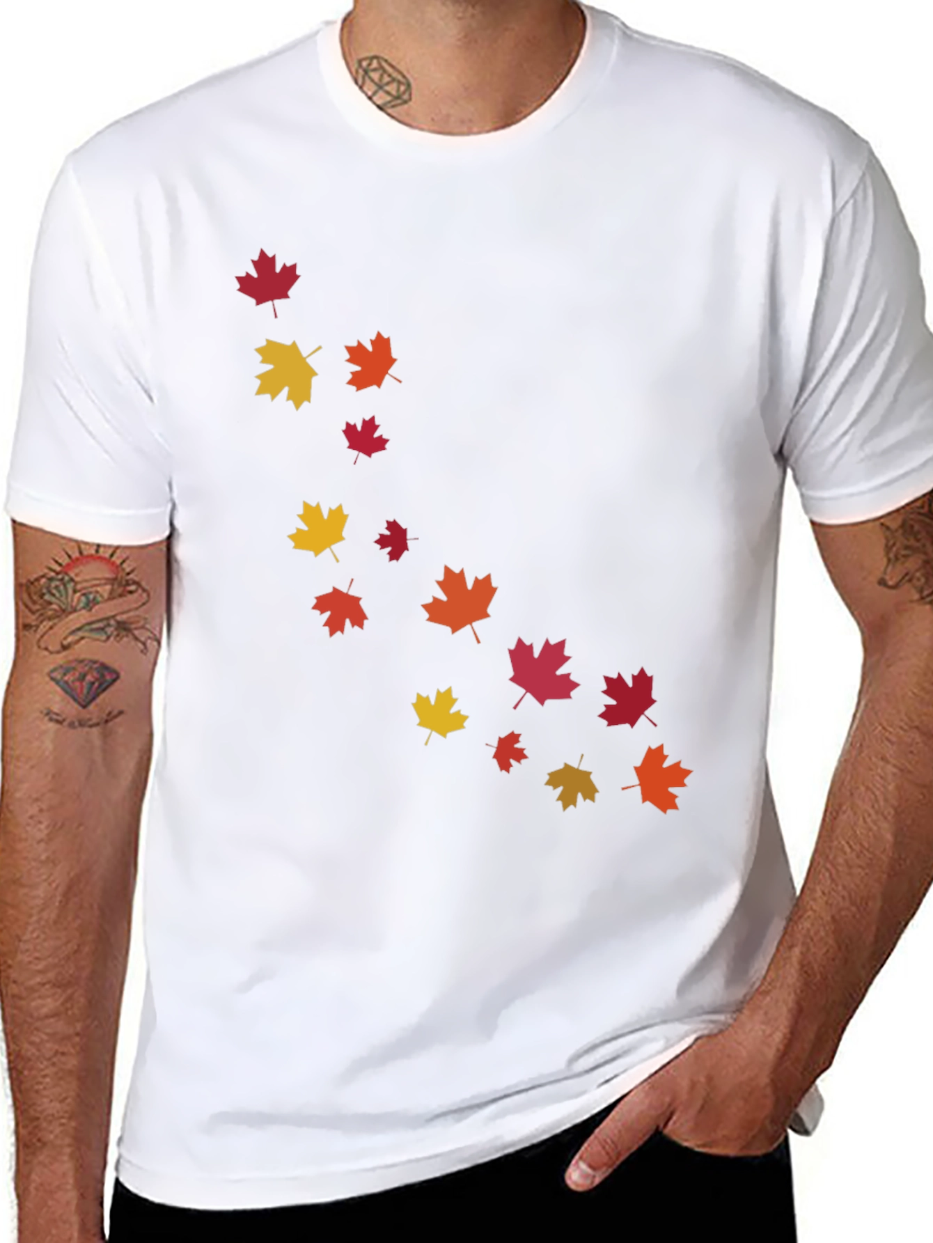 Black Autumn Maple Leaves Print Black T-Shirt view 8