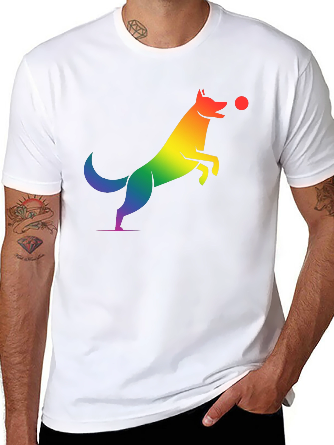 Black Rainbow Dog Catching Ball Graphic T-Shirt view 8