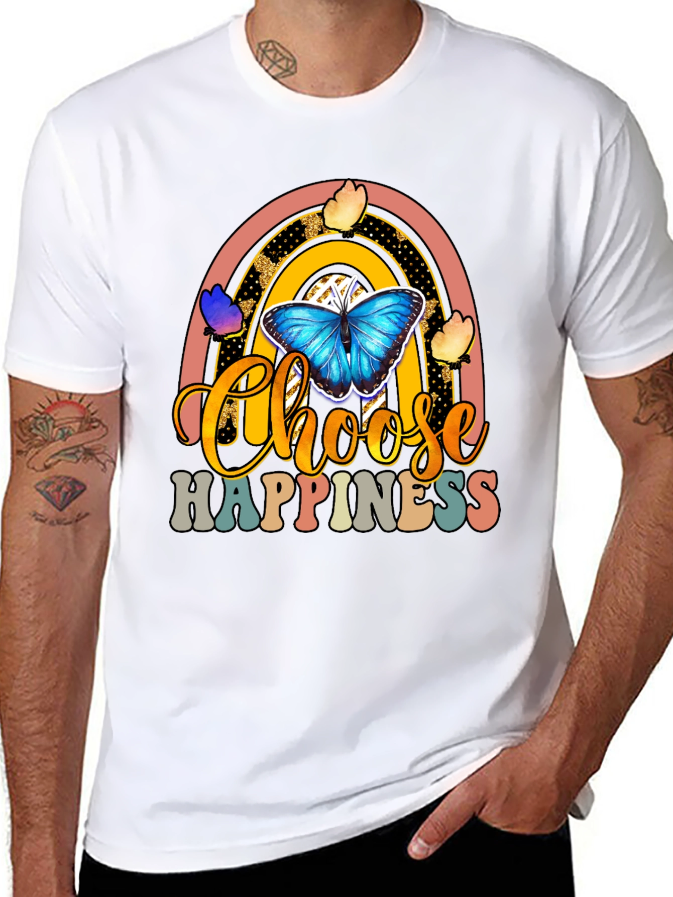 Black Choose Happiness T-Shirt - Butterfly Rainbow Design view 8