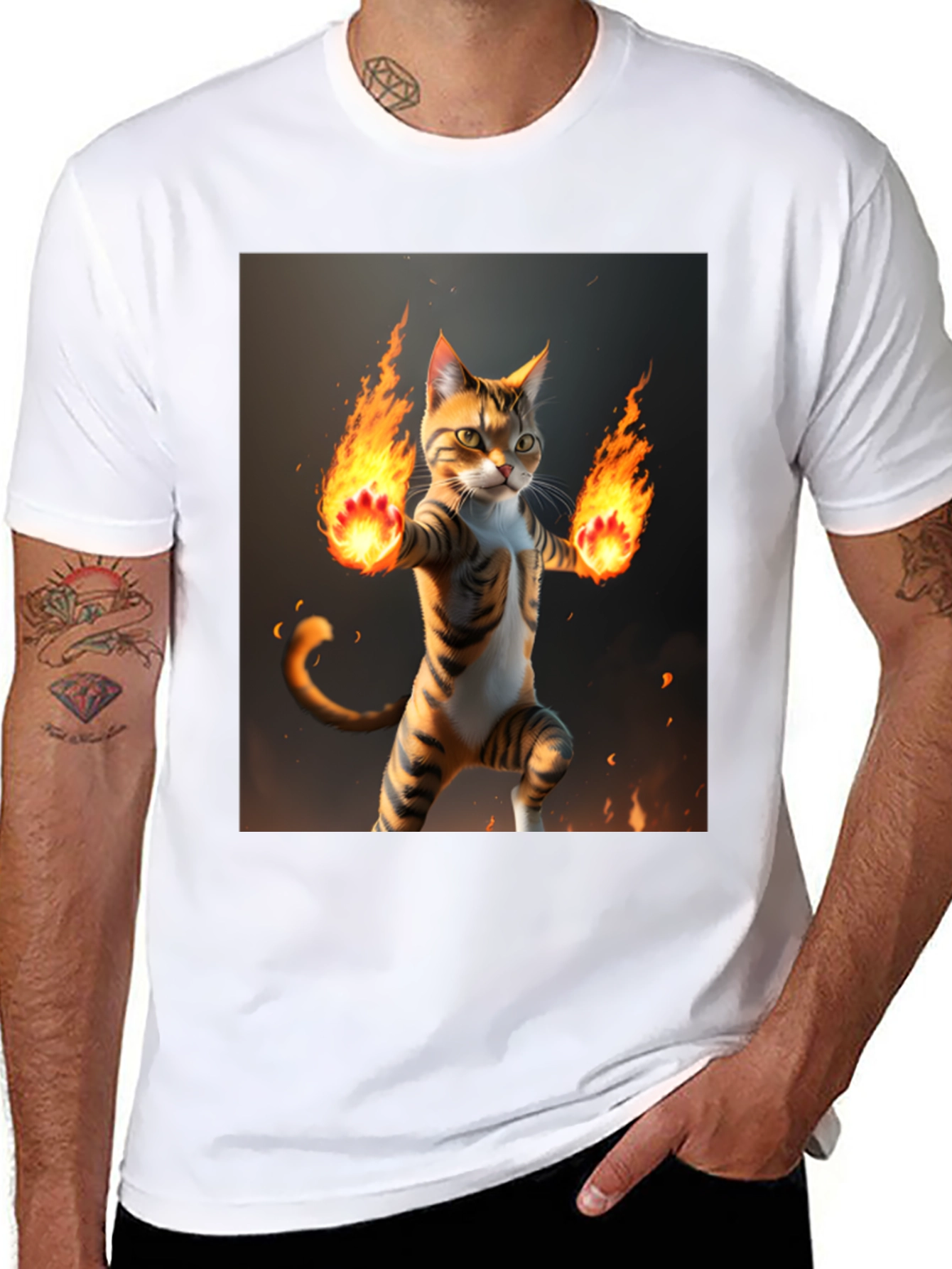 Black Fire Cat Graphic Tee - Black Cotton T-Shirt view 8