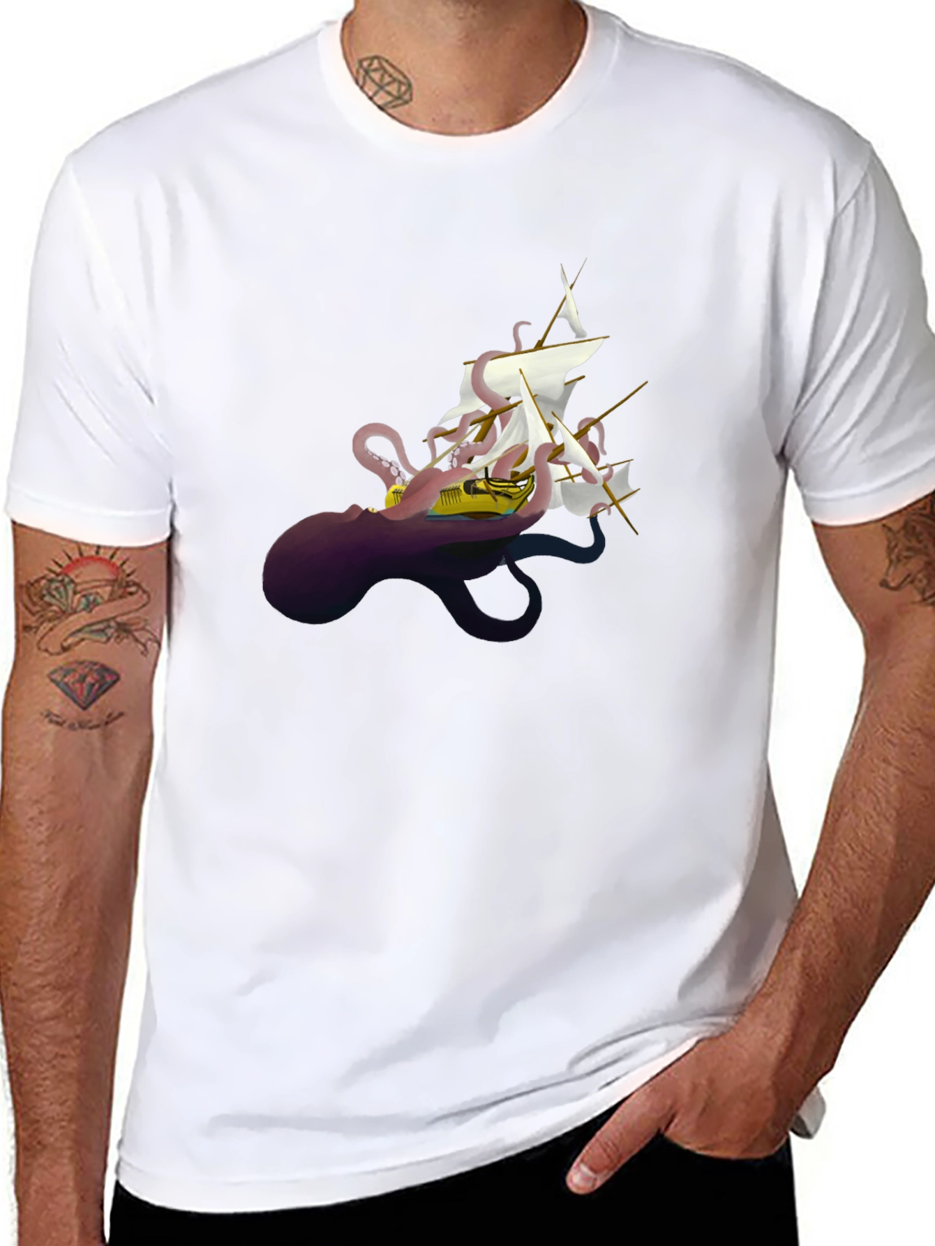 Black Octopus Ship Black T-Shirt - Unique Kraken Graphic Tee view 8