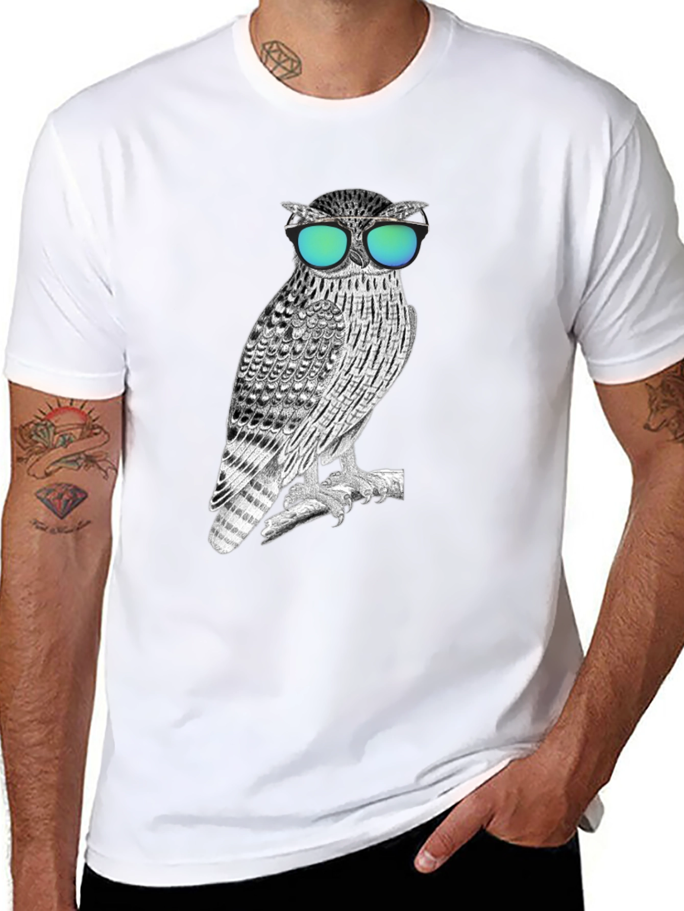Black Cool Owl Graphic Tee - Black Cotton Blend view 8