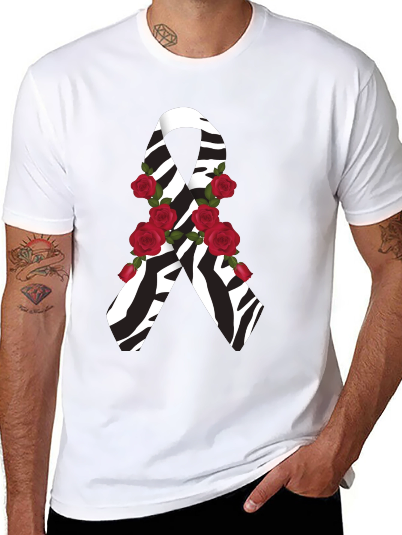Black Zebra Stripe Awareness Ribbon Rose Graphic Tee view 8