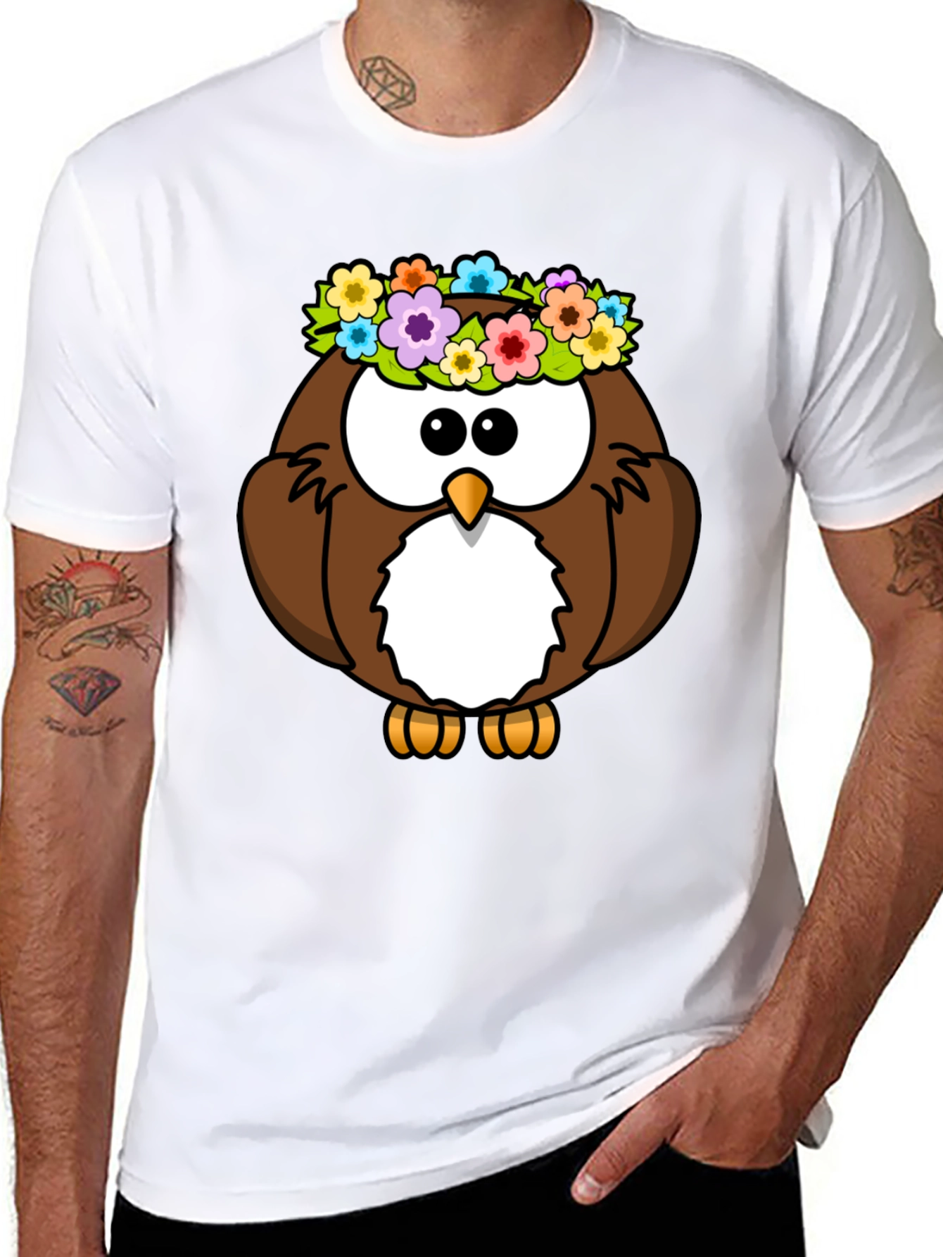 Black Cute Owl with Flowers Graphic Tee - Black Unisex T-Shirt view 8